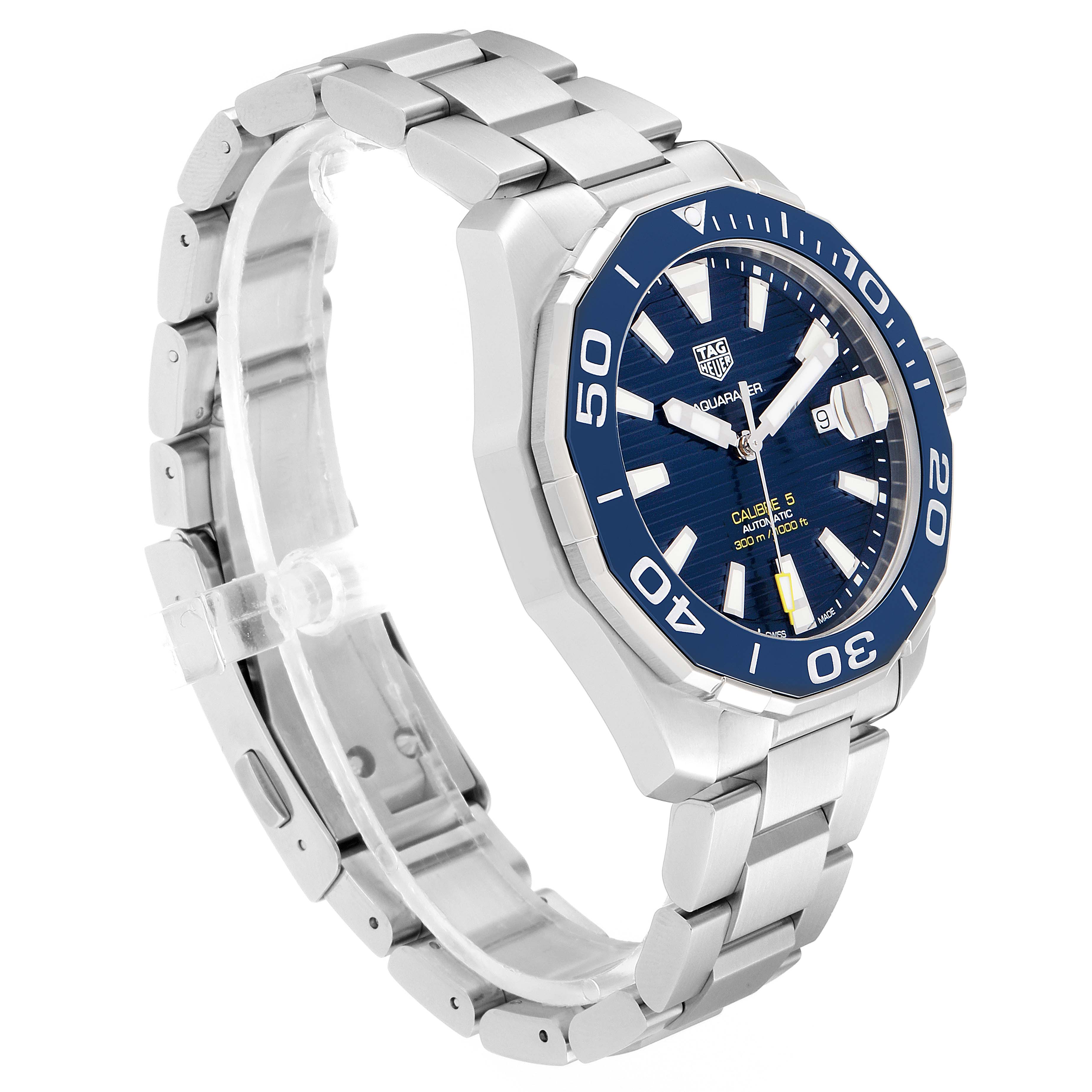 The Tag Heuer Aquaracer WAY201B Men
s Stainless Steel Blue Dial WAY201B Men
s Stainless Steel Blue Dial watch is shown at an oblique angle showcasing the face, bezel, and stainless steel bracelet.