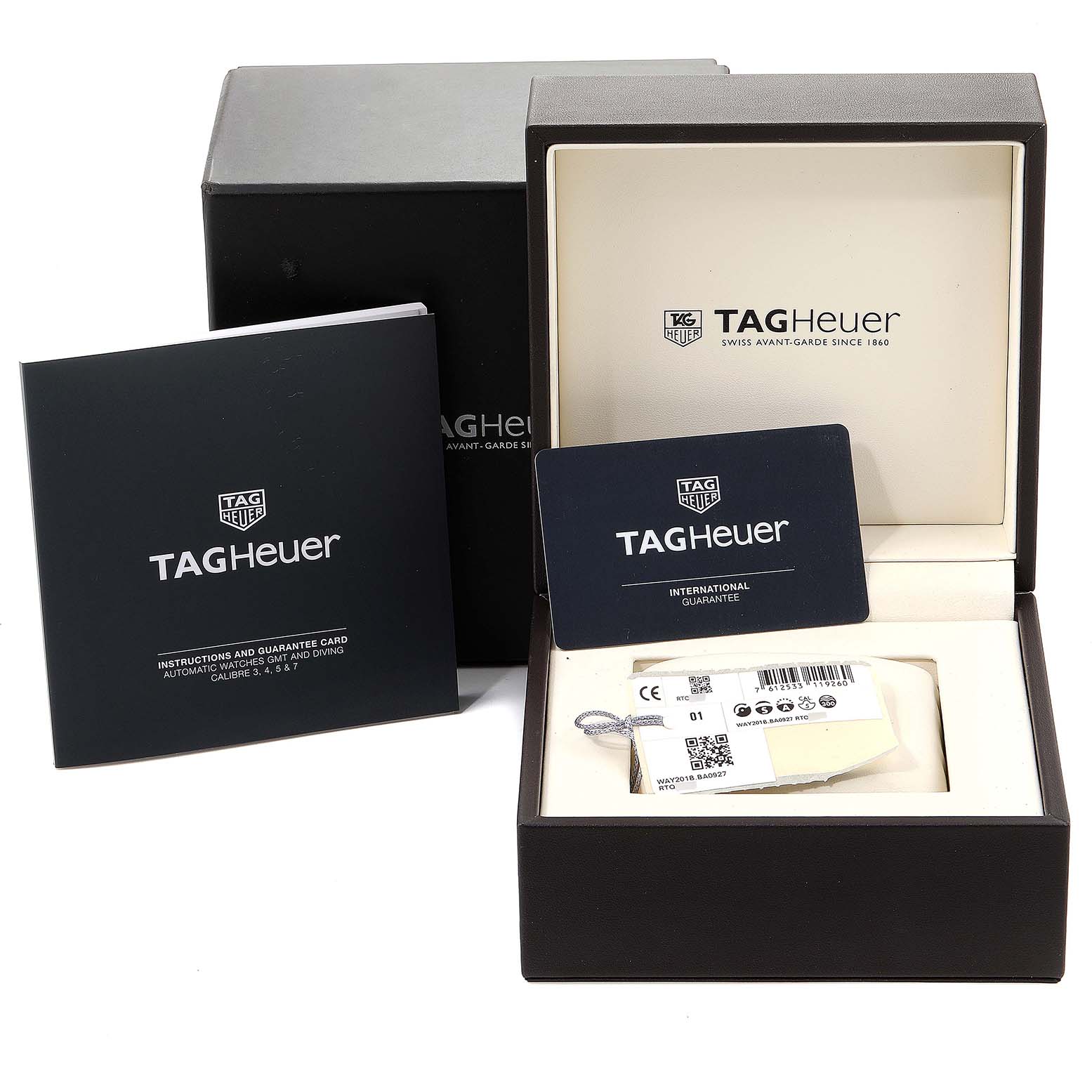 The image shows the box, manuals, and warranty card for the Tag Heuer Aquaracer WAY201B Men
s Stainless Steel Blue Dial WAY201B Men
s Stainless Steel Blue Dial model watch.