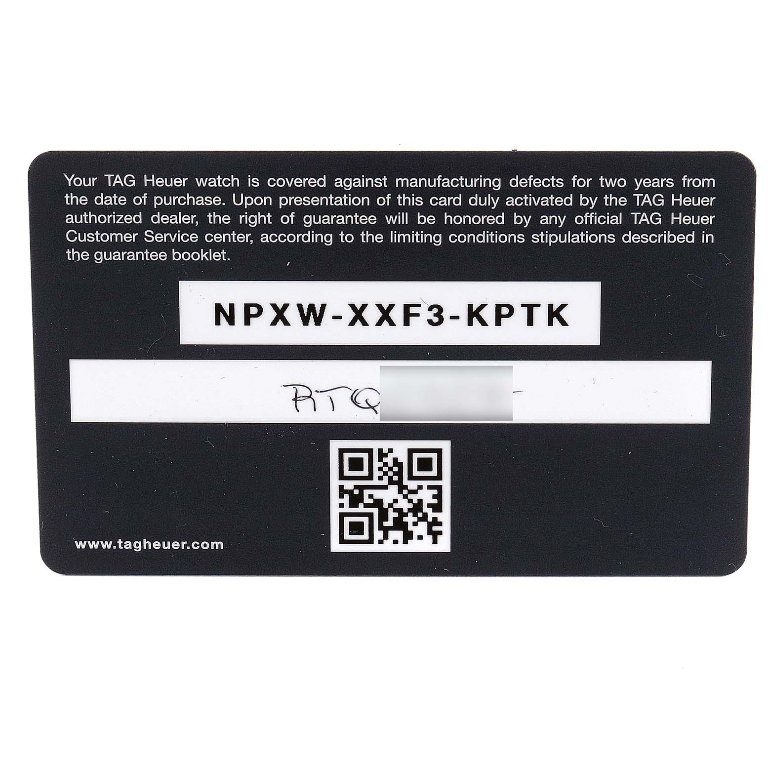 The image shows a Tag Heuer Aquaracer WAY201B Men
s Stainless Steel Blue Dial WAY201B Men
s Stainless Steel Blue Dial warranty card from a top-down angle.