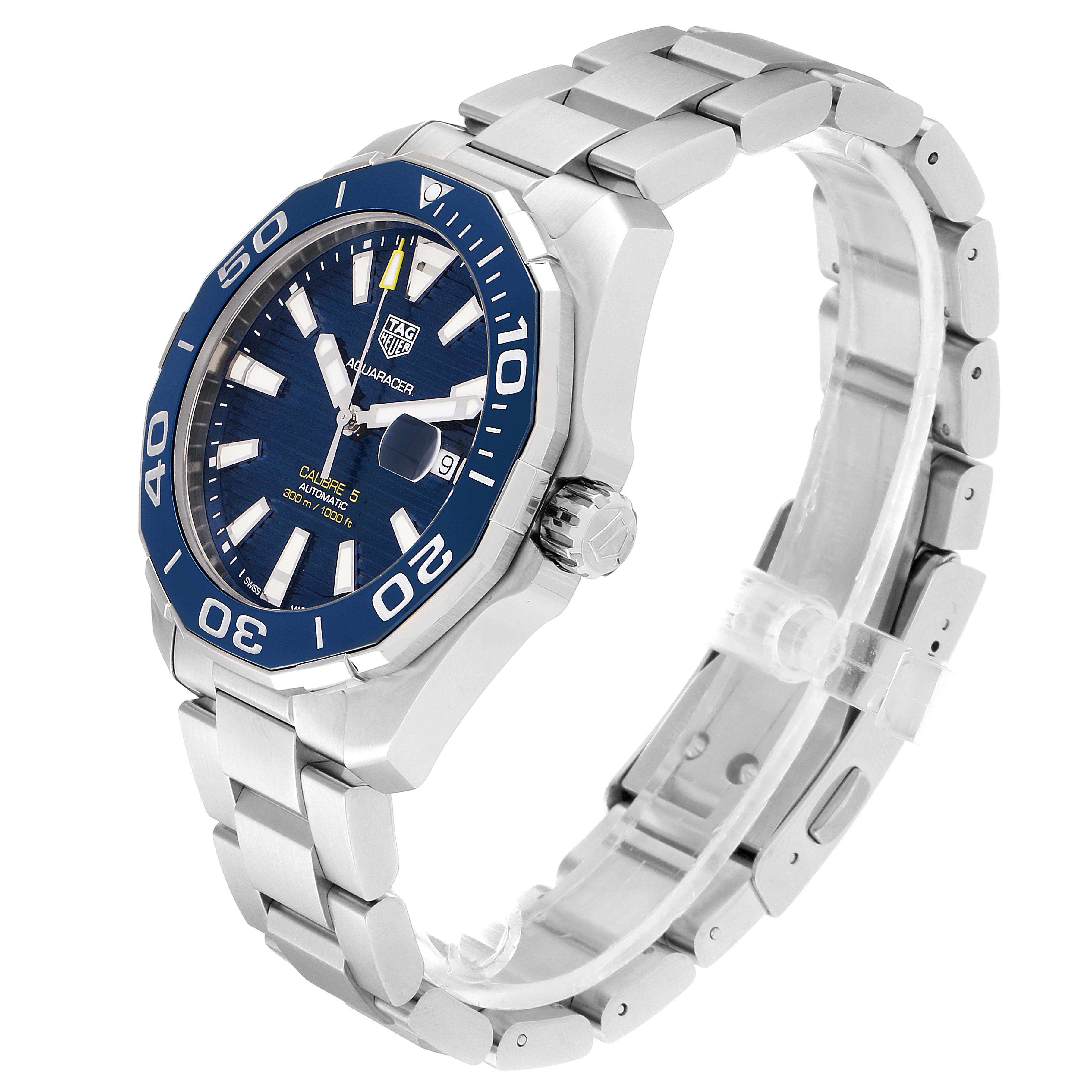 The image shows a three-quarter angle of the Tag Heuer Aquaracer WAY201B Men
s Stainless Steel Blue Dial WAY201B Men
s Stainless Steel Blue Dial watch, highlighting the face, bezel, crown, and bracelet.