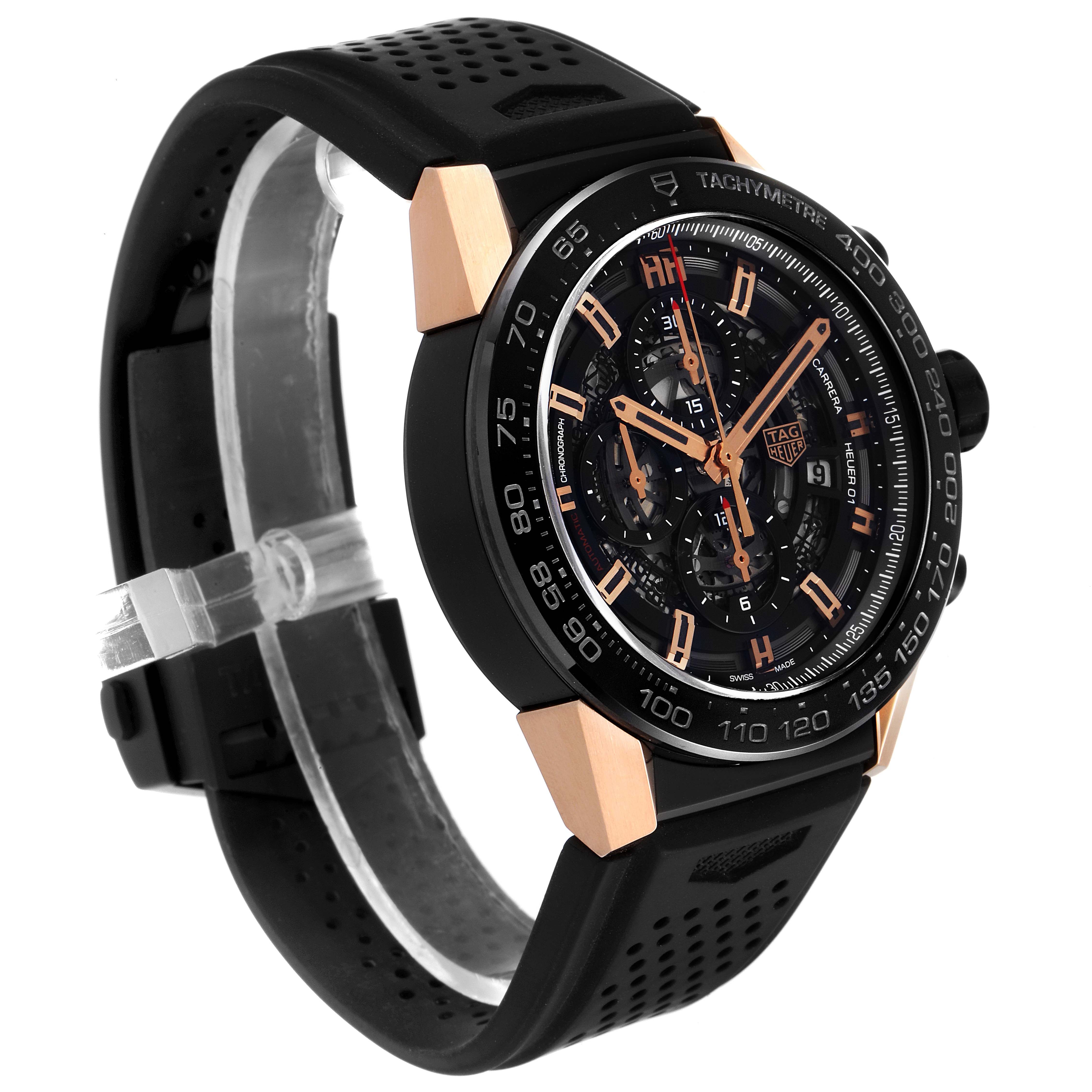 This image shows a Tag Heuer Carrera CAR2A5A.FT6044 Men's Rose Gold Black Dial CAR2A5A.FT6044 Men's Rose Gold Black Dial watch at a three-quarter angle, highlighting its face, bezel, lugs, and strap.