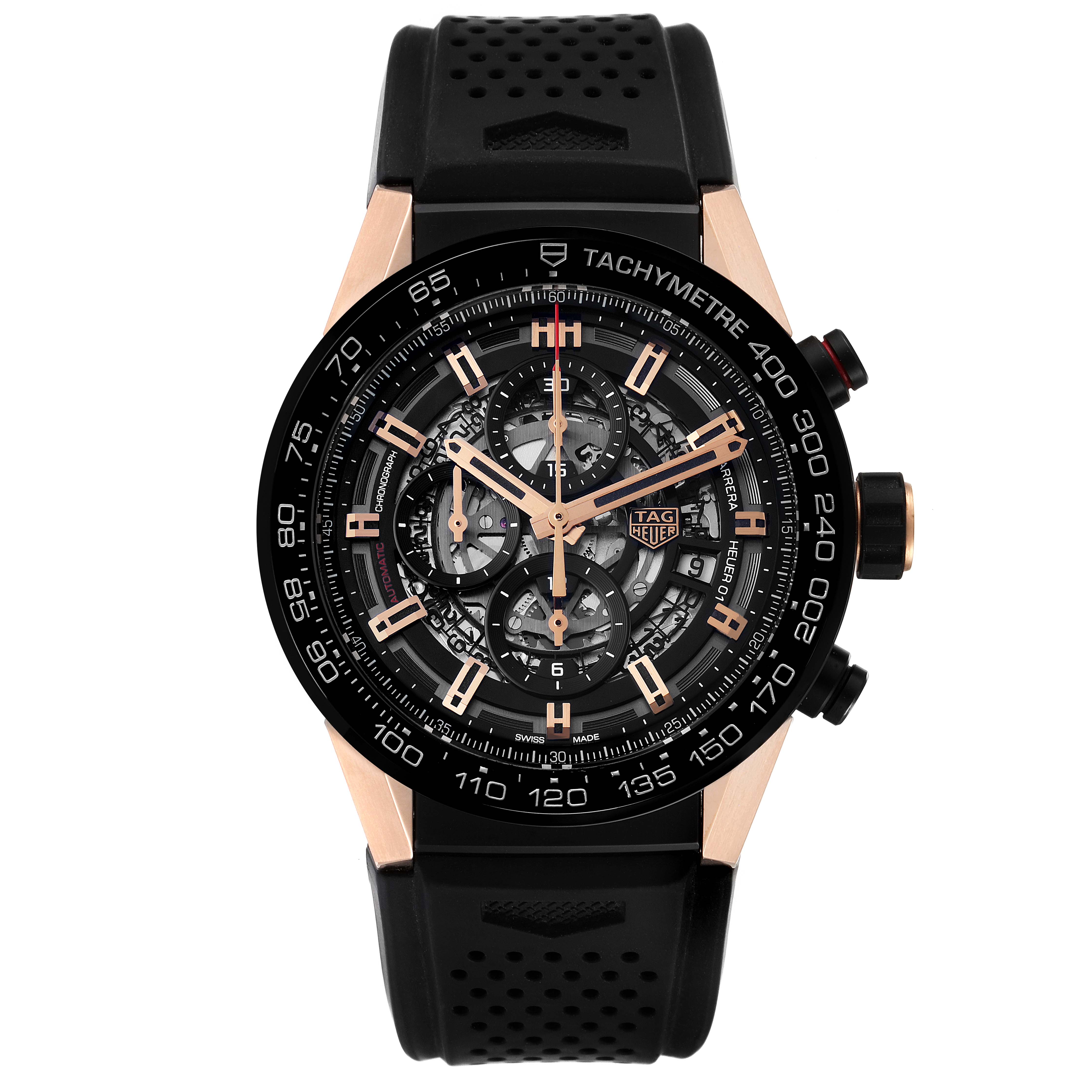 The Tag Heuer Carrera CAR2A5A.FT6044 Men's Rose Gold Black Dial CAR2A5A.FT6044 Men's Rose Gold Black Dial watch is shown from a top-down angle, highlighting its dial, bezel, and black strap.