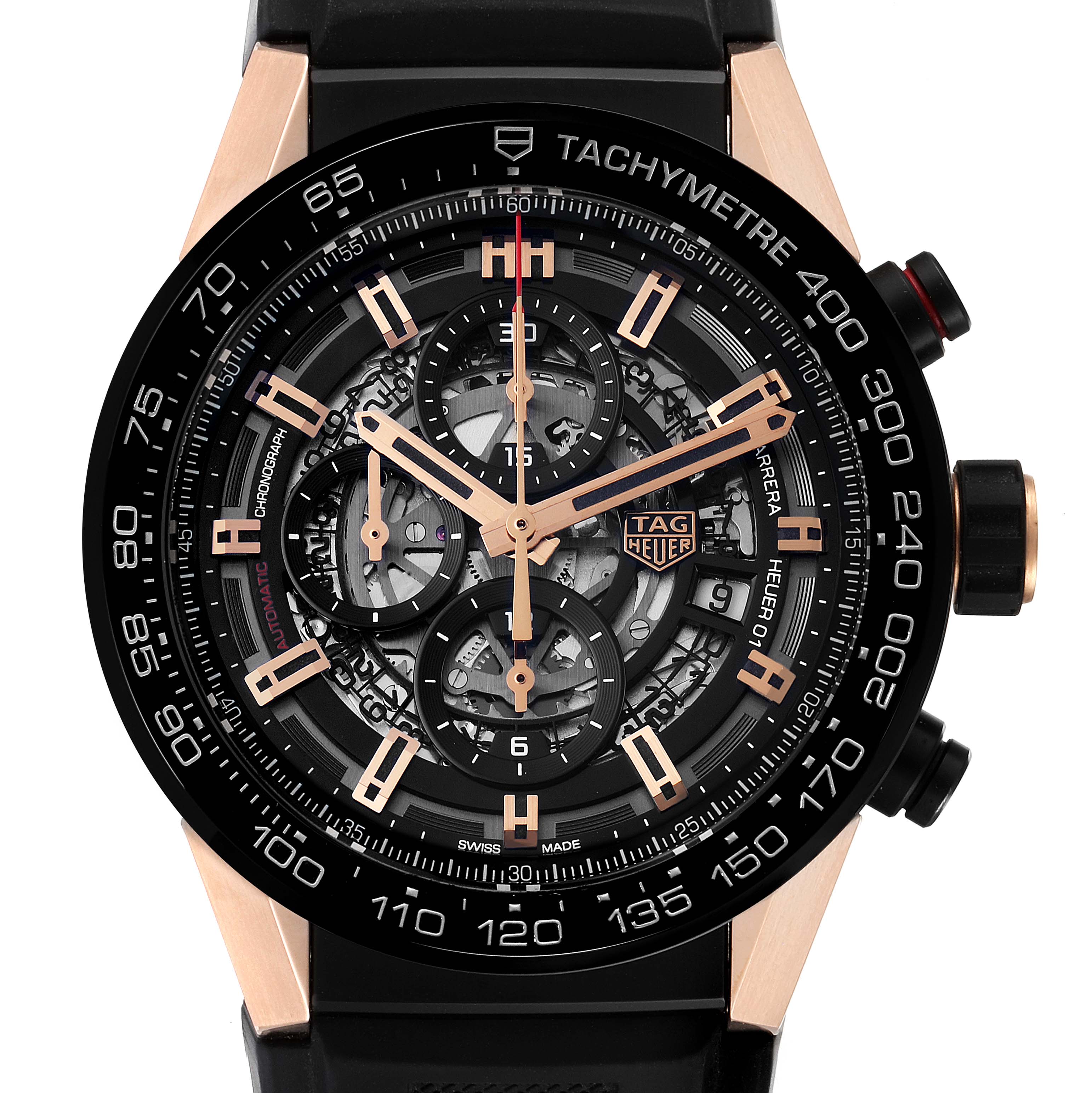 The image shows a front-facing view of a Tag Heuer Carrera CAR2A5A.FT6044 Men's Rose Gold Black Dial CAR2A5A.FT6044 Men's Rose Gold Black Dial watch, highlighting its dial, hands, subdials, and tachymeter bezel.