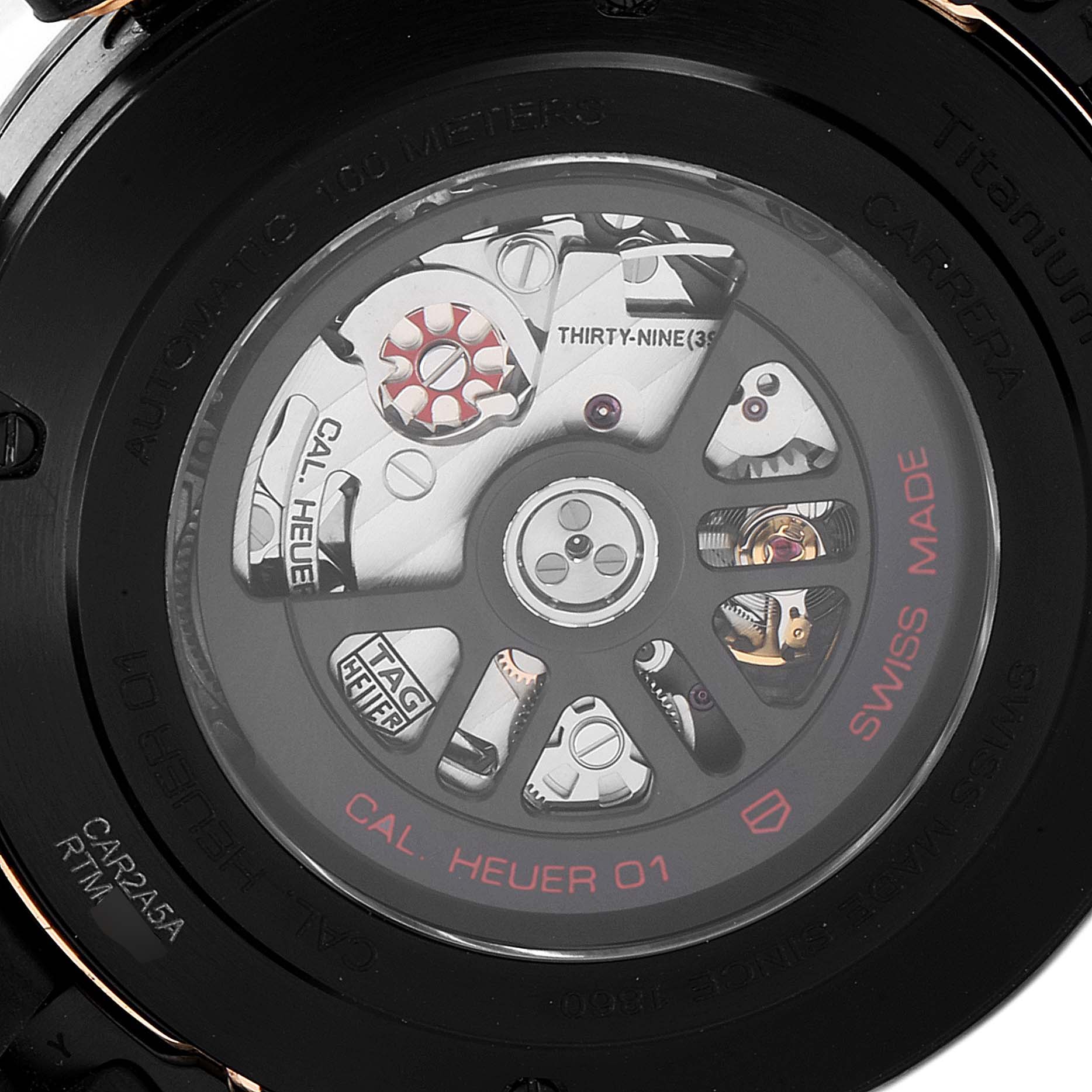 This image shows the back view of a Tag Heuer Carrera CAR2A5A.FT6044 Men's Rose Gold Black Dial CAR2A5A.FT6044 Men's Rose Gold Black Dial watch, highlighting its intricate mechanical movement.