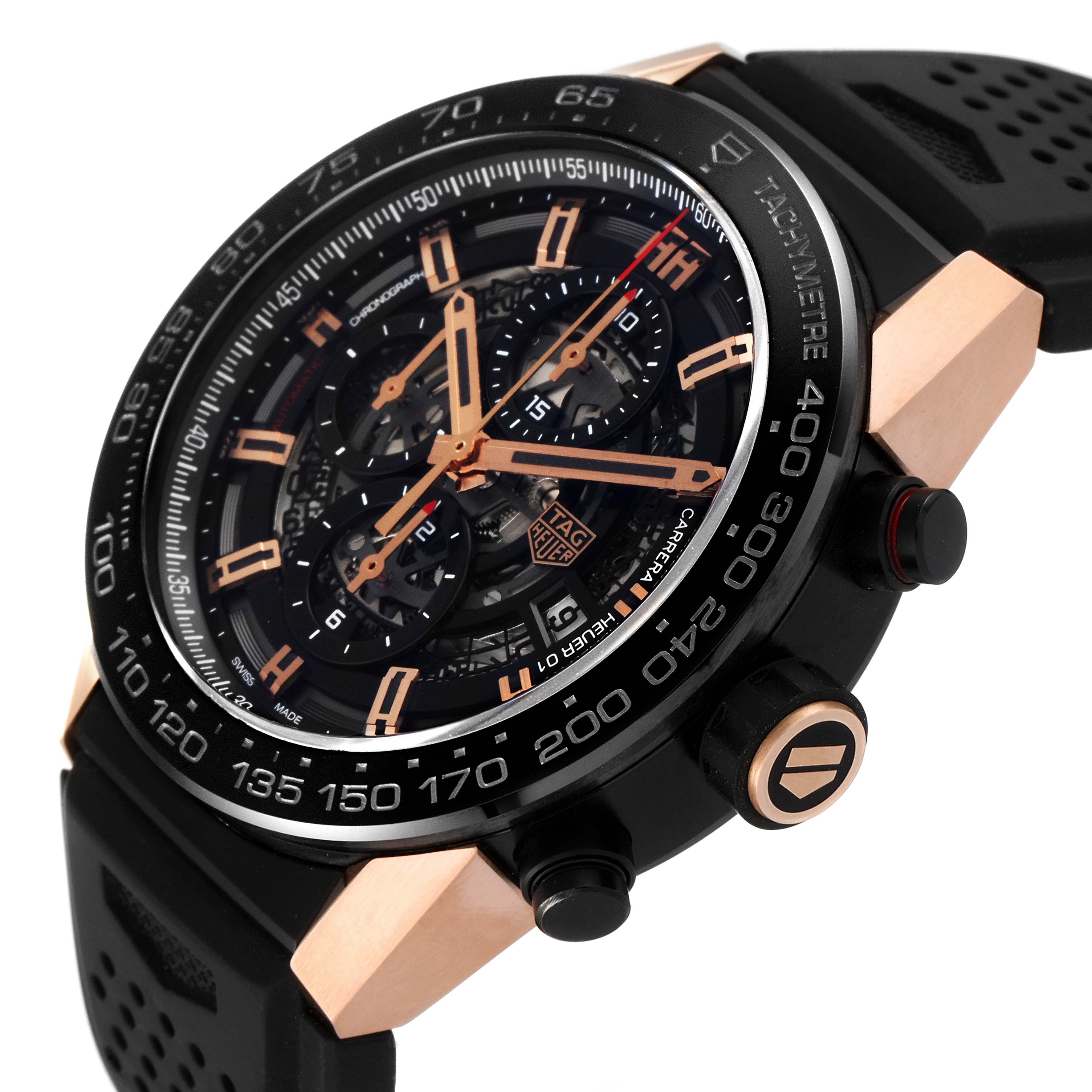 The image shows a close-up angle of the Tag Heuer Carrera CAR2A5A.FT6044 Men's Rose Gold Black Dial CAR2A5A.FT6044 Men's Rose Gold Black Dial watch face, bezel, crown, pushers, and part of the strap.