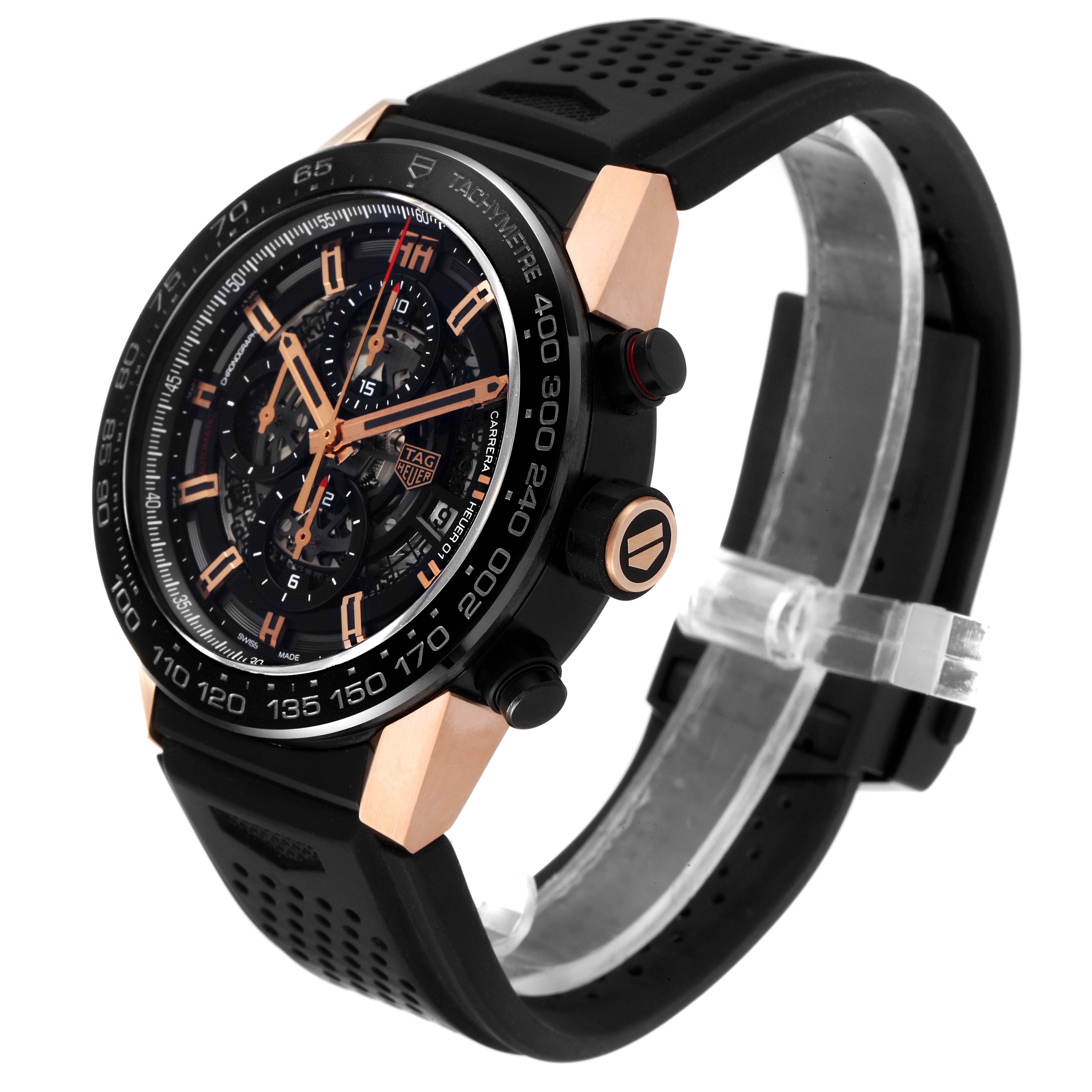 This image shows a side angle view of the Tag Heuer Carrera CAR2A5A.FT6044 Men's Rose Gold Black Dial CAR2A5A.FT6044 Men's Rose Gold Black Dial watch, highlighting its face, bezel, buttons, and band.
