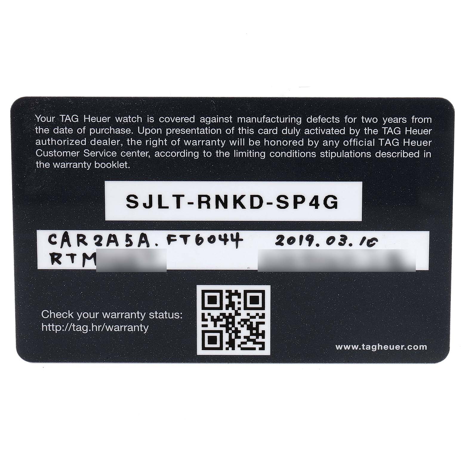 The image shows the warranty card for the Tag Heuer Carrera CAR2A5A.FT6044 Men's Rose Gold Black Dial CAR2A5A.FT6044 Men's Rose Gold Black Dial model, with details like the serial number and purchase date.