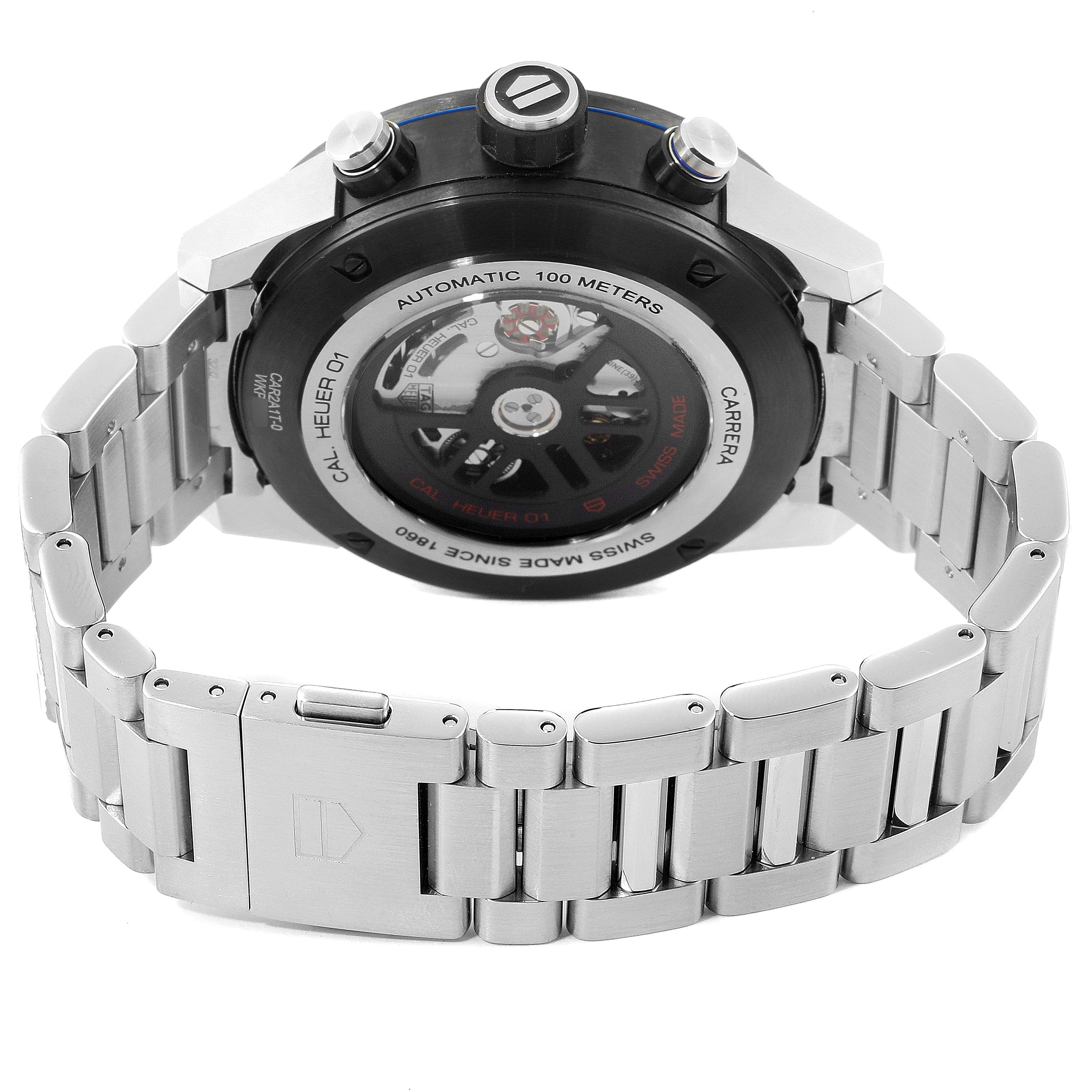 The image shows the back view of a Tag Heuer Carrera CAR2A1T Men's Titanium Black Dial CAR2A1T Men's Titanium Black Dial watch, highlighting its automatic movement and stainless steel bracelet.