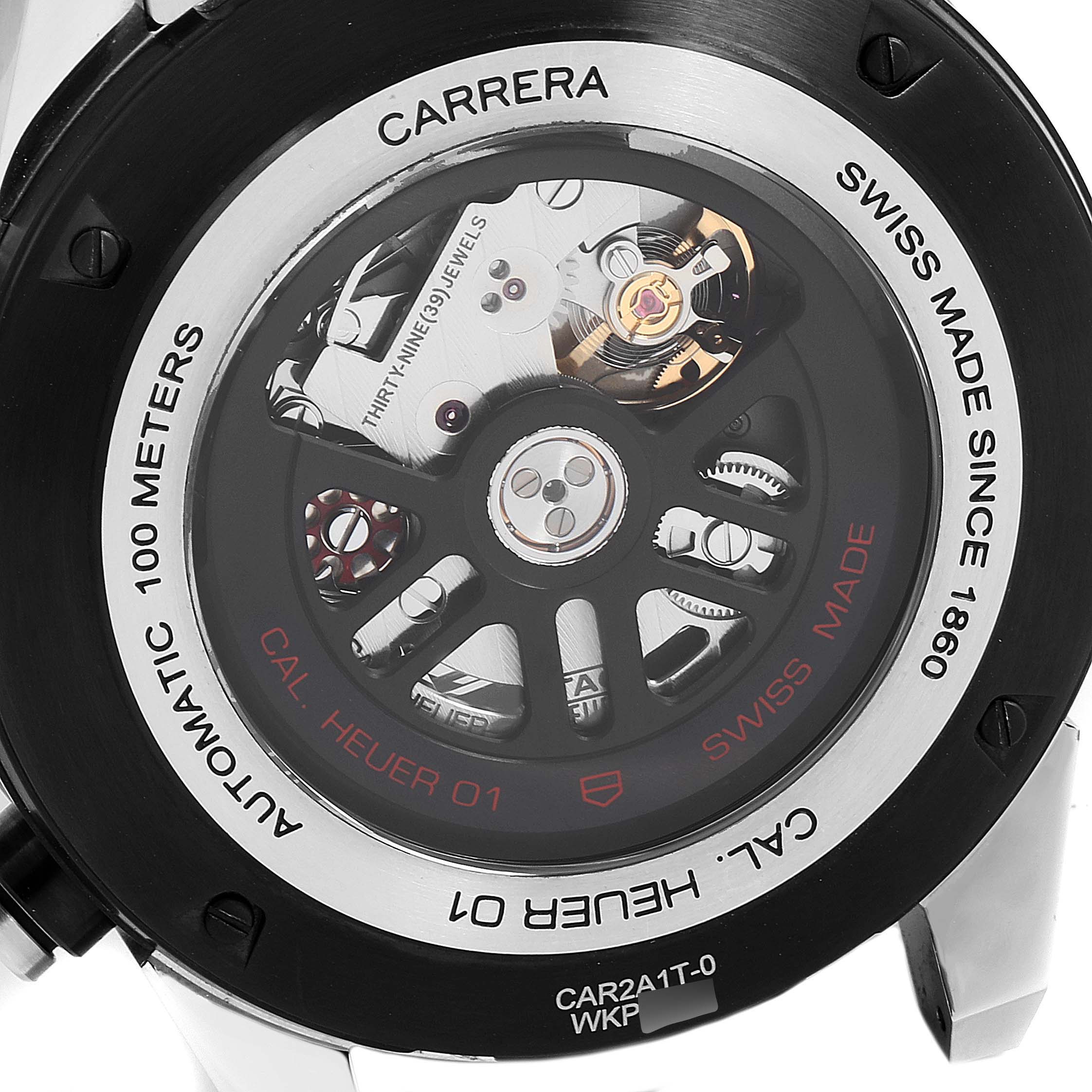 This image shows the back view of the Carrera model by Tag Heuer, highlighting its automatic movement and internal mechanics.