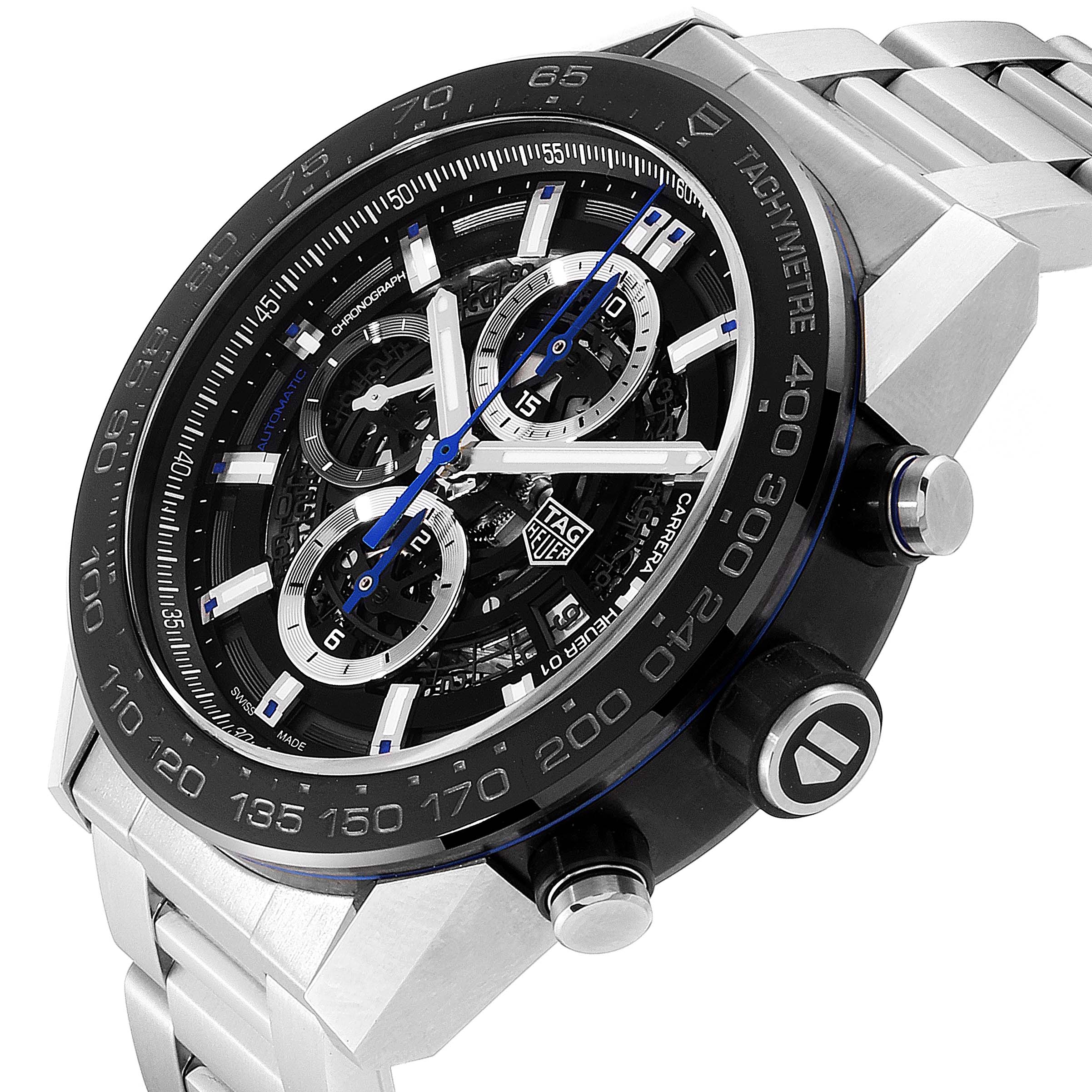 The image shows a close-up side angle of the Tag Heuer Carrera CAR2A1T Men's Titanium Black Dial CAR2A1T Men's Titanium Black Dial watch, highlighting the dial, bezel, buttons, and part of the metal strap.