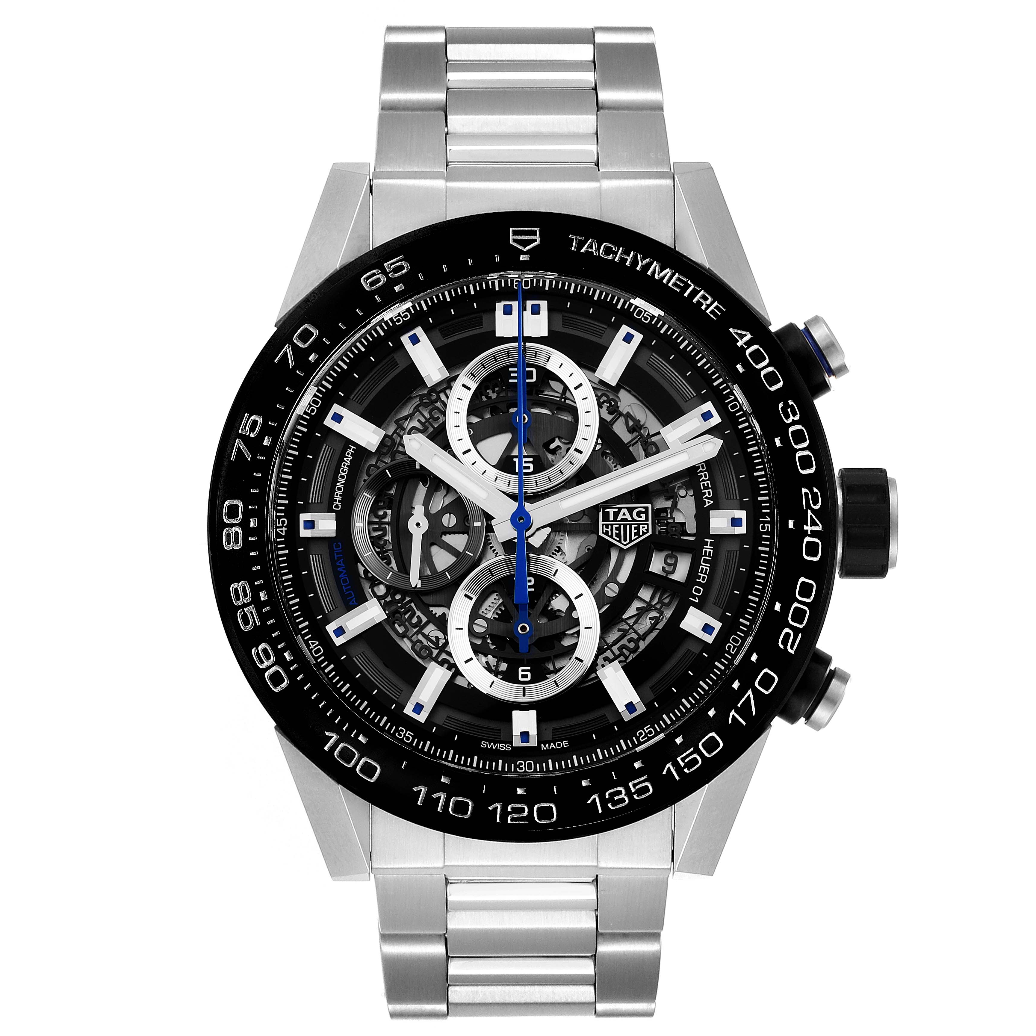 The image shows a frontal view of the Tag Heuer Carrera CAR2A1T Men's Titanium Black Dial CAR2A1T Men's Titanium Black Dial watch, displaying the dial, bezel, and stainless steel bracelet.