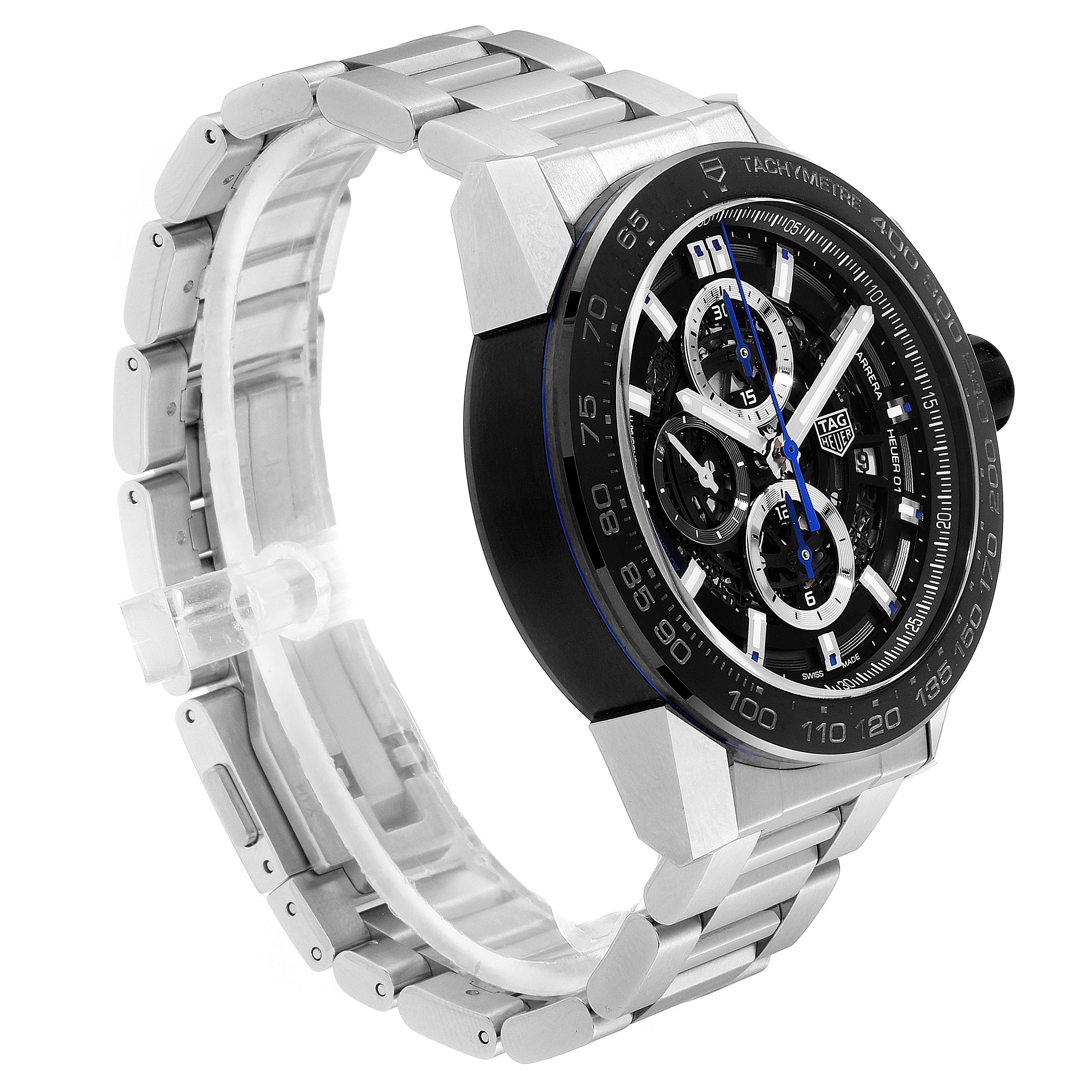 The image shows a side angle of a Tag Heuer Carrera CAR2A1T Men's Titanium Black Dial CAR2A1T Men's Titanium Black Dial watch, highlighting the face, bezel, and bracelet.