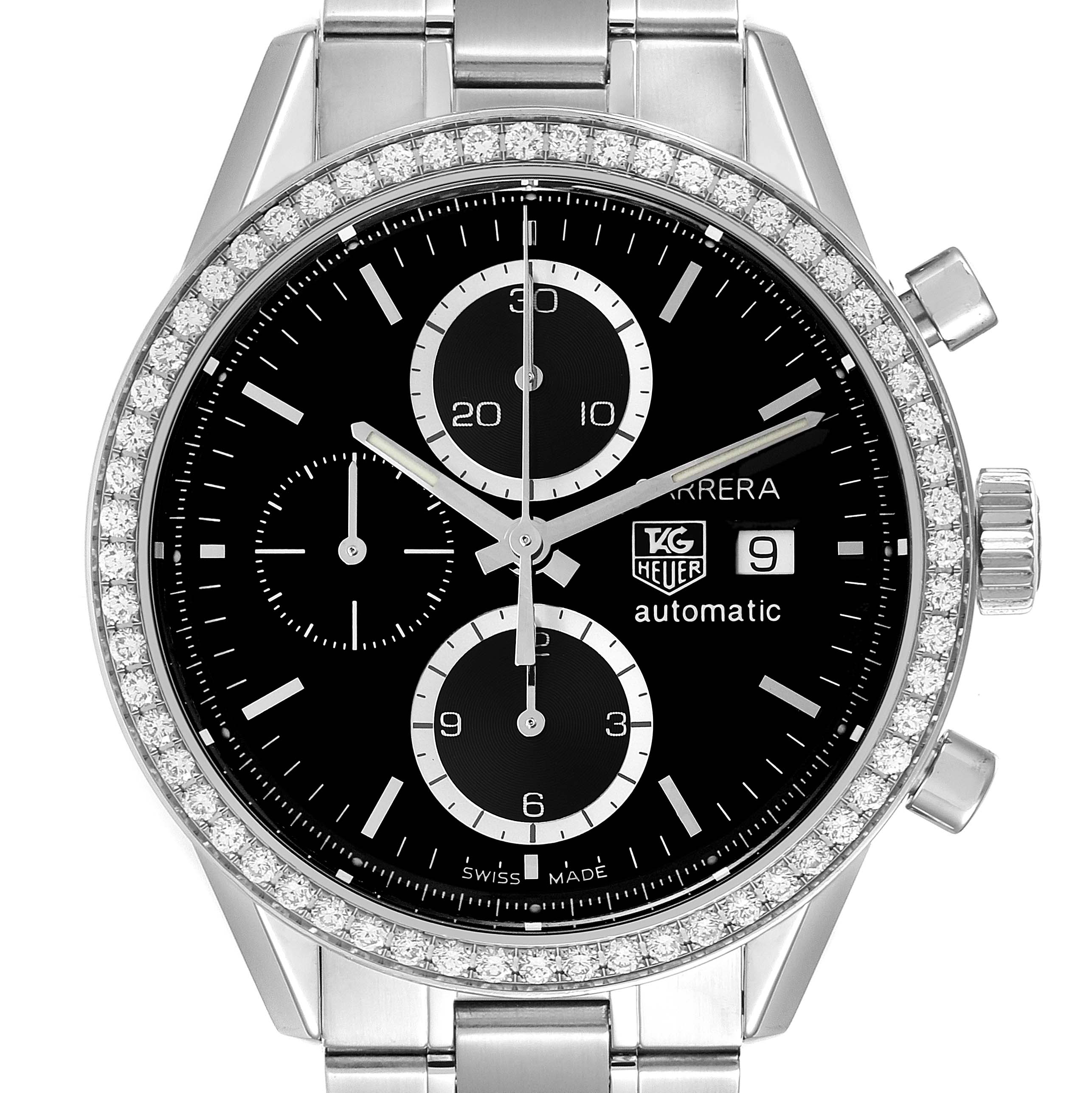 The image shows a front view of the Tag Heuer Carrera CV201J Men
s Stainless Steel Black Dial CV201J Men
s Stainless Steel Black Dial watch with its face, bezel, dial, and bracelet visible.