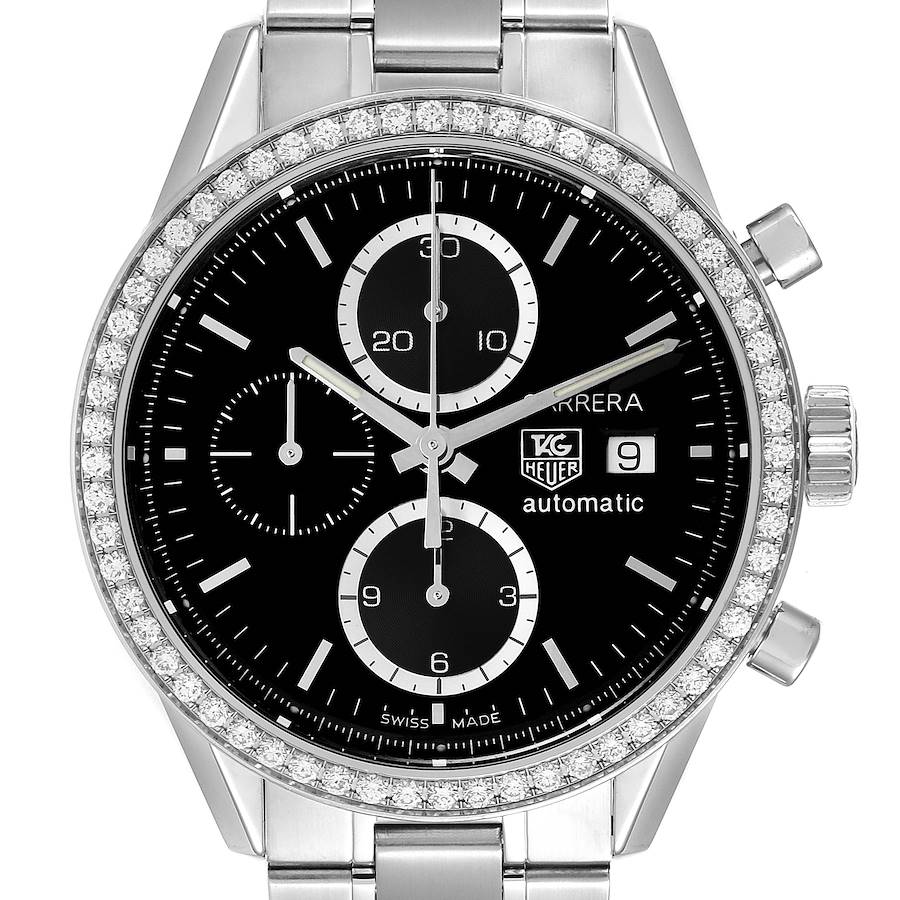 Tag Heuer Carrera Steel Black Dial Diamond Chronograph Mens Watch CV201J SwissWatchExpo