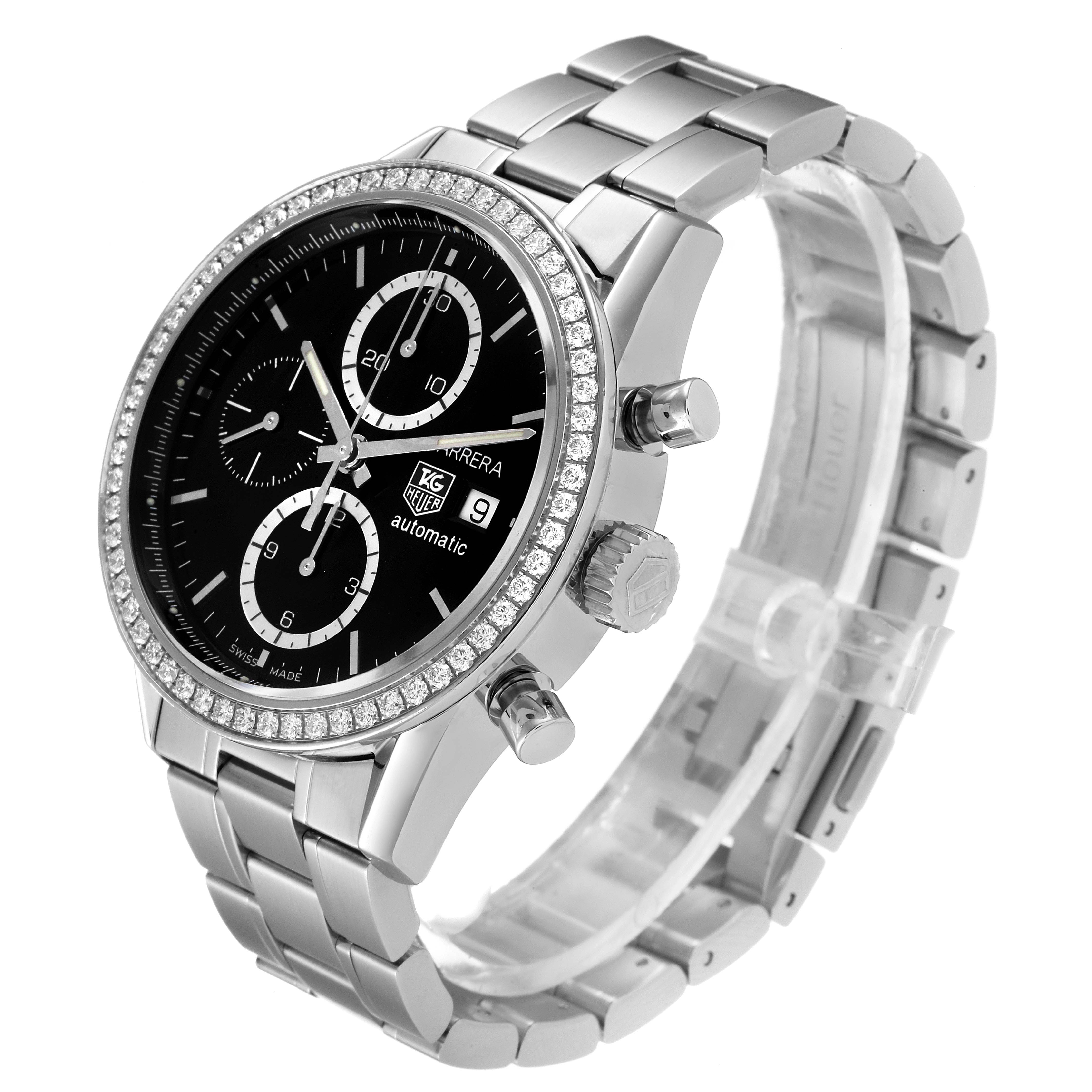 The image shows a side angle of the Tag Heuer Carrera CV201J Men
s Stainless Steel Black Dial CV201J Men
s Stainless Steel Black Dial watch, displaying its bezel, dial, and bracelet.