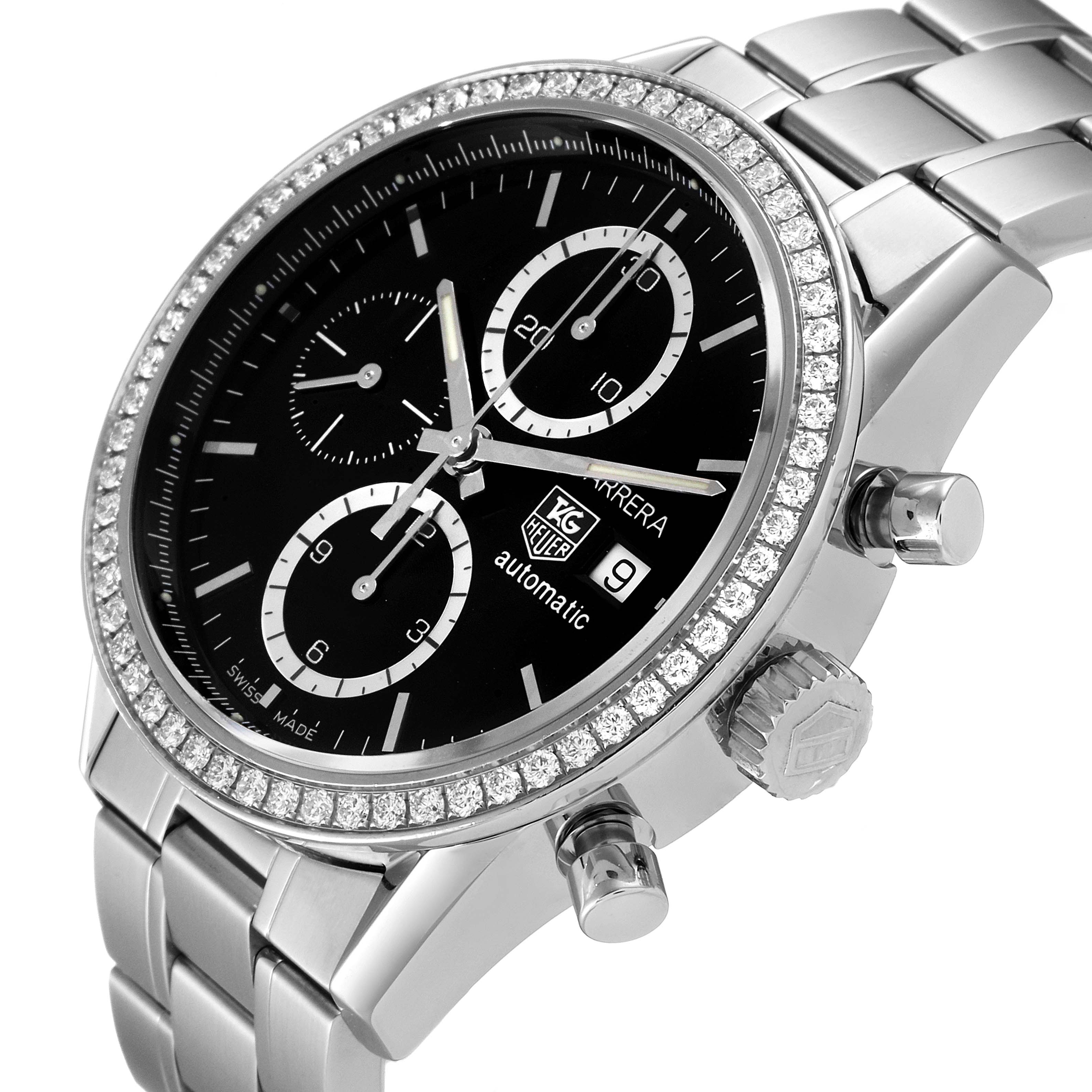 The image shows a Tag Heuer Carrera CV201J Men
s Stainless Steel Black Dial CV201J Men
s Stainless Steel Black Dial watch at an angled view highlighting the bezel, chronograph dials, and side buttons.
