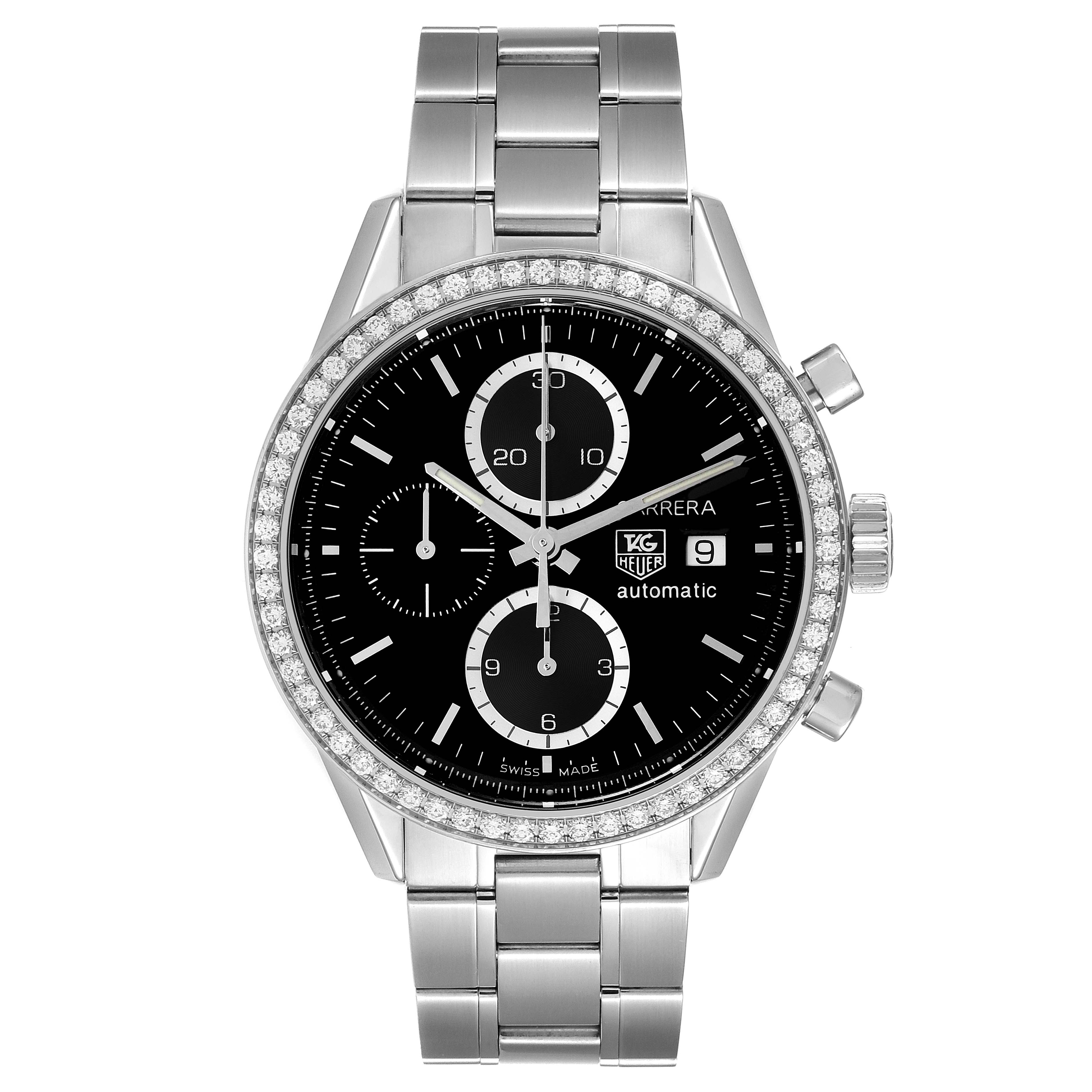 The Tag Heuer Carrera CV201J Men
s Stainless Steel Black Dial CV201J Men
s Stainless Steel Black Dial watch is shown from the front, displaying the face, bezel, and stainless steel band.