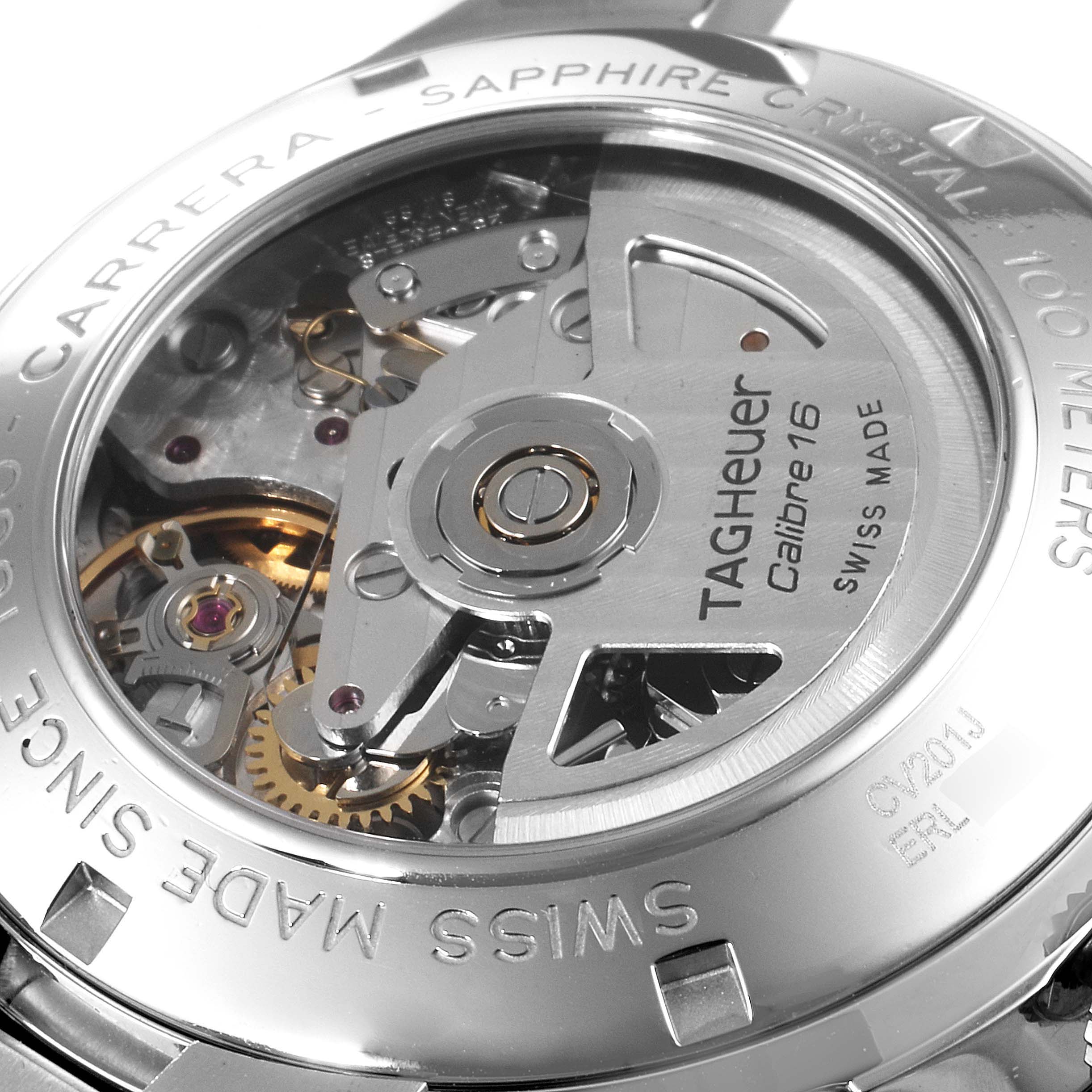 This image shows the back view of a Tag Heuer Carrera CV201J Men
s Stainless Steel Black Dial CV201J Men
s Stainless Steel Black Dial watch, highlighting its Calibre 16 movement and sapphire crystal.
