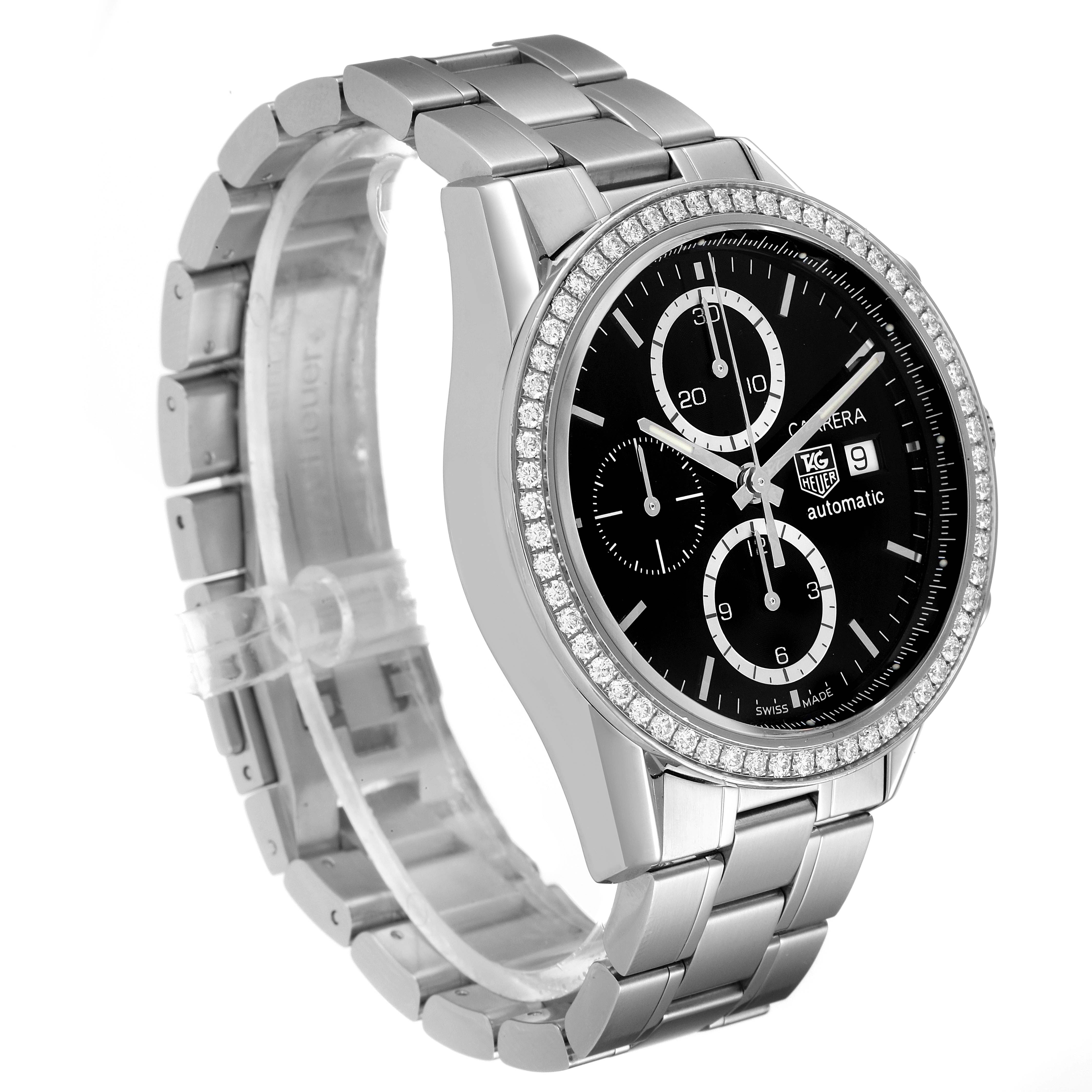 This image shows a Tag Heuer Carrera CV201J Men
s Stainless Steel Black Dial CV201J Men
s Stainless Steel Black Dial watch from a front-side angle, displaying its face, bezel, and part of the bracelet band.