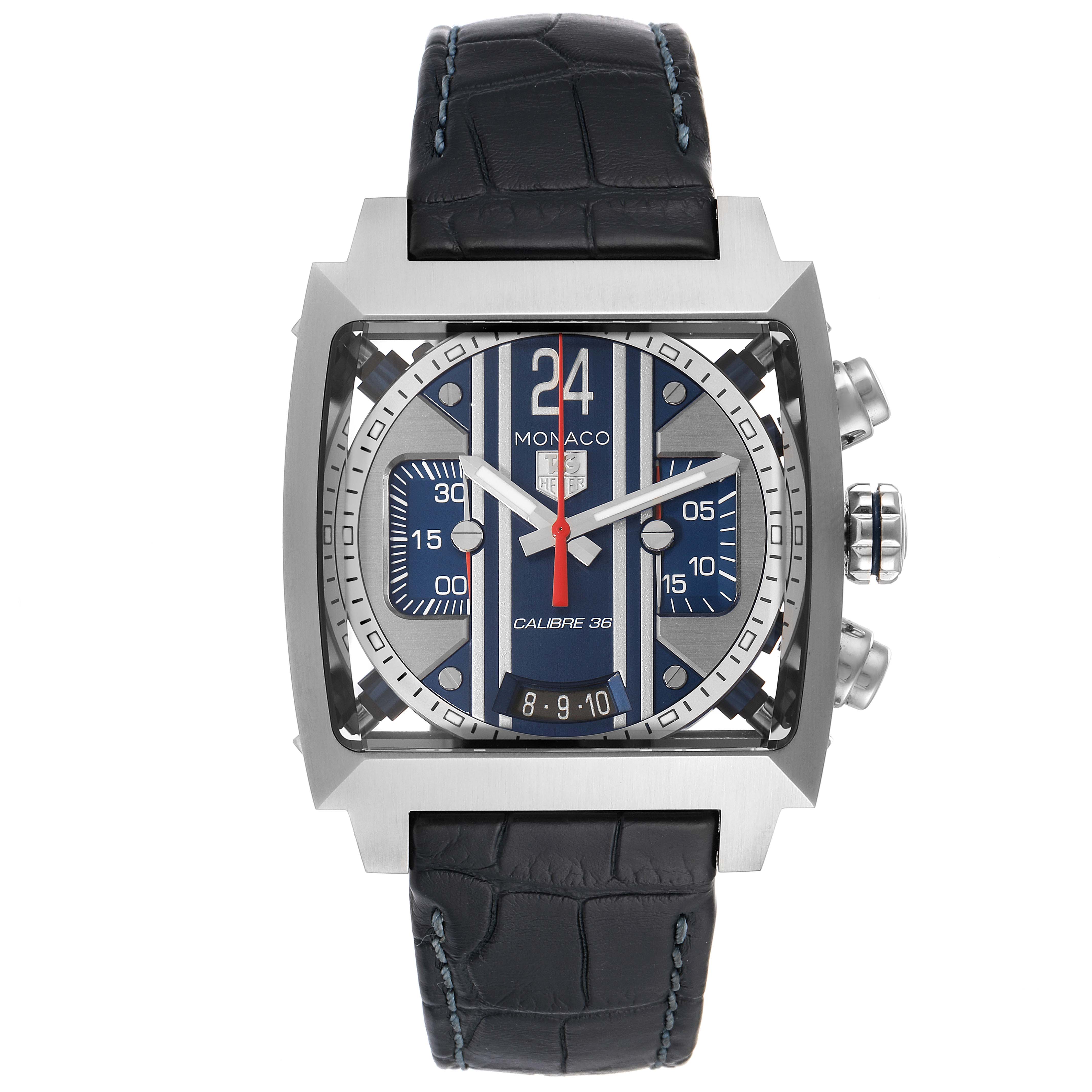 The image shows a front view of a Tag Heuer Monaco CAL5111.FC6299 Men
s Stainless Steel Blue Dial CAL5111.FC6299 Men
s Stainless Steel Blue Dial watch, displaying its face, dial, and strap.