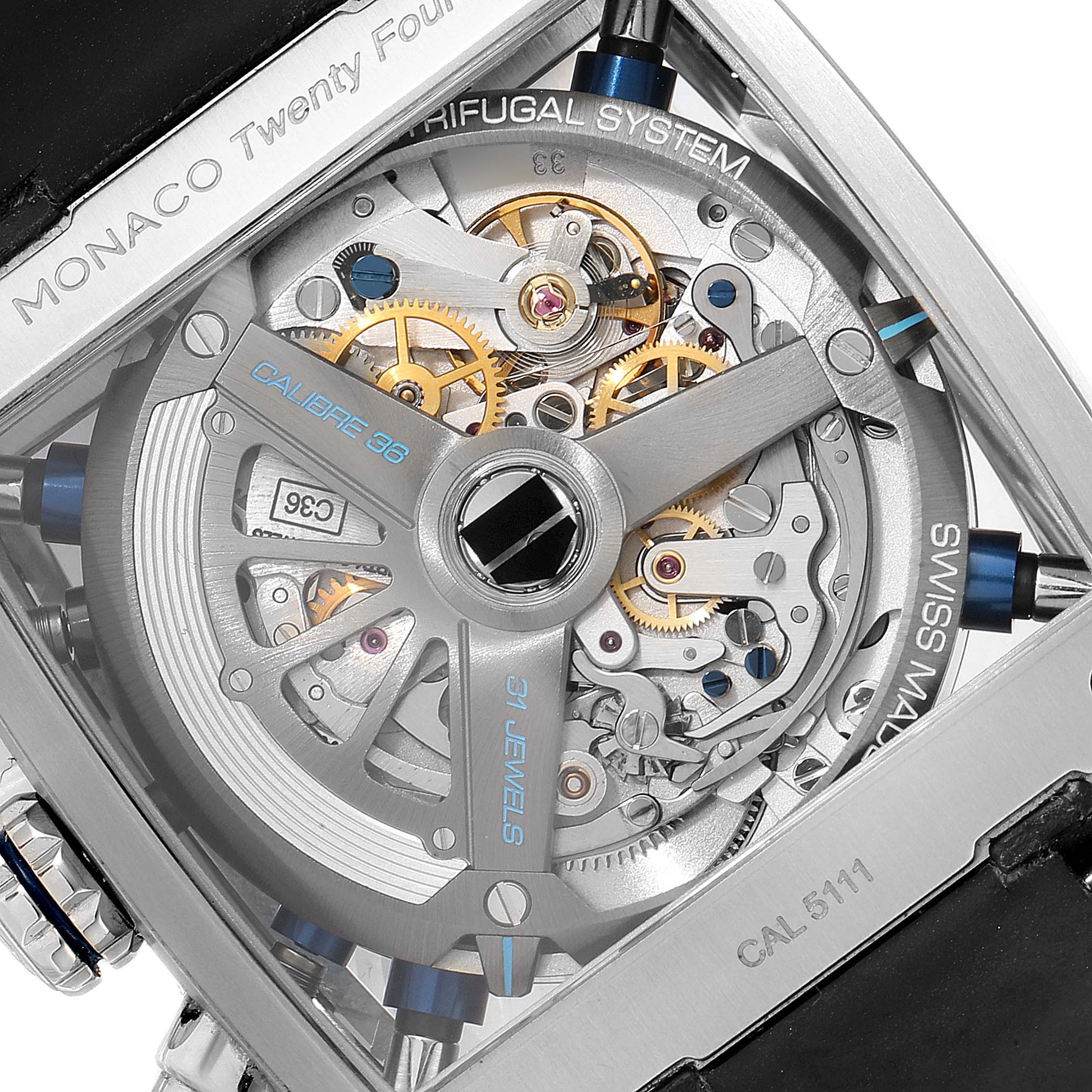 The image shows the back view of the Tag Heuer Monaco CAL5111.FC6299 Men
s Stainless Steel Blue Dial CAL5111.FC6299 Men
s Stainless Steel Blue Dial watch, revealing its intricate automatic movement mechanism.