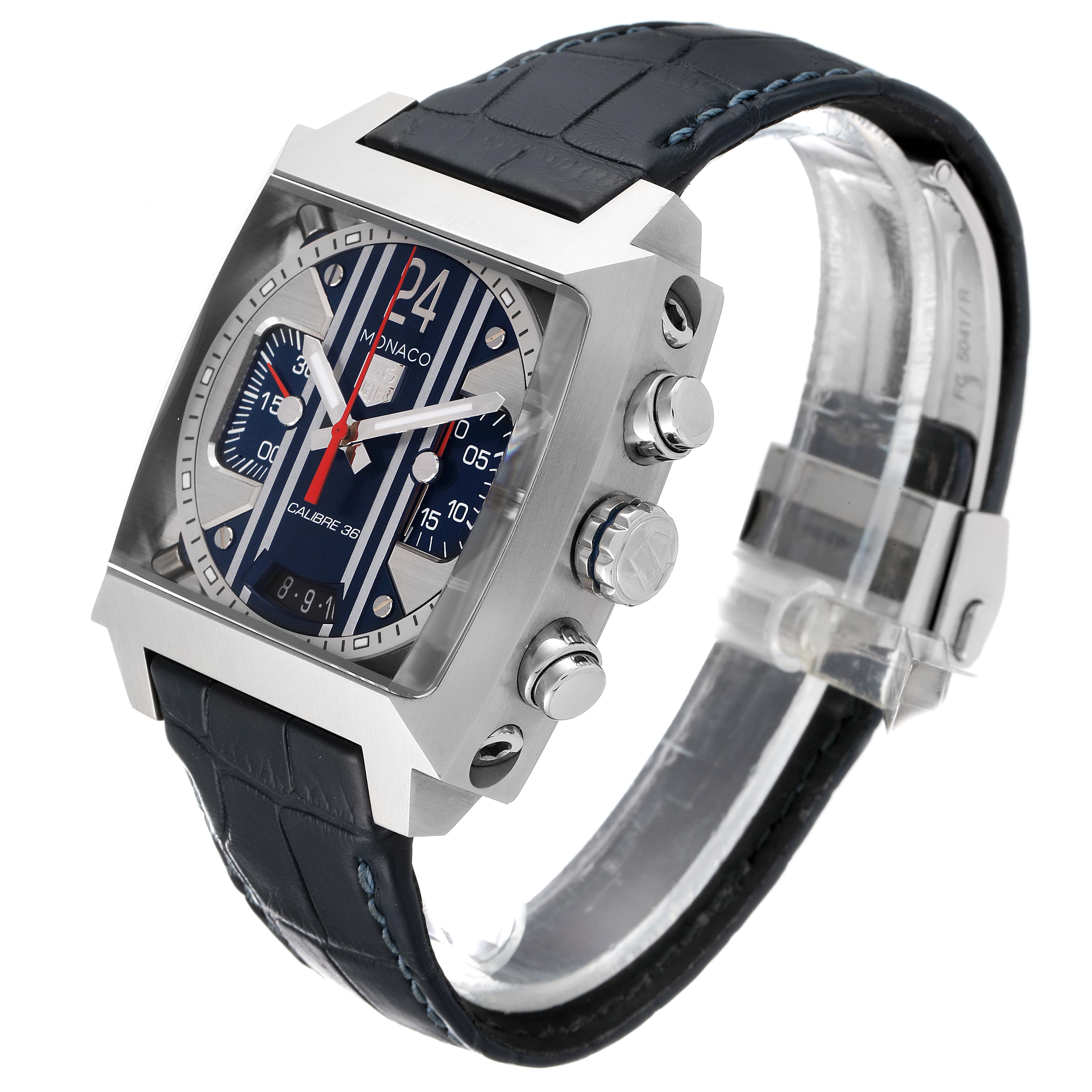 This image shows the Tag Heuer Monaco CAL5111.FC6299 Men
s Stainless Steel Blue Dial CAL5111.FC6299 Men
s Stainless Steel Blue Dial watch at a slight angle, highlighting its face, buttons, and strap.