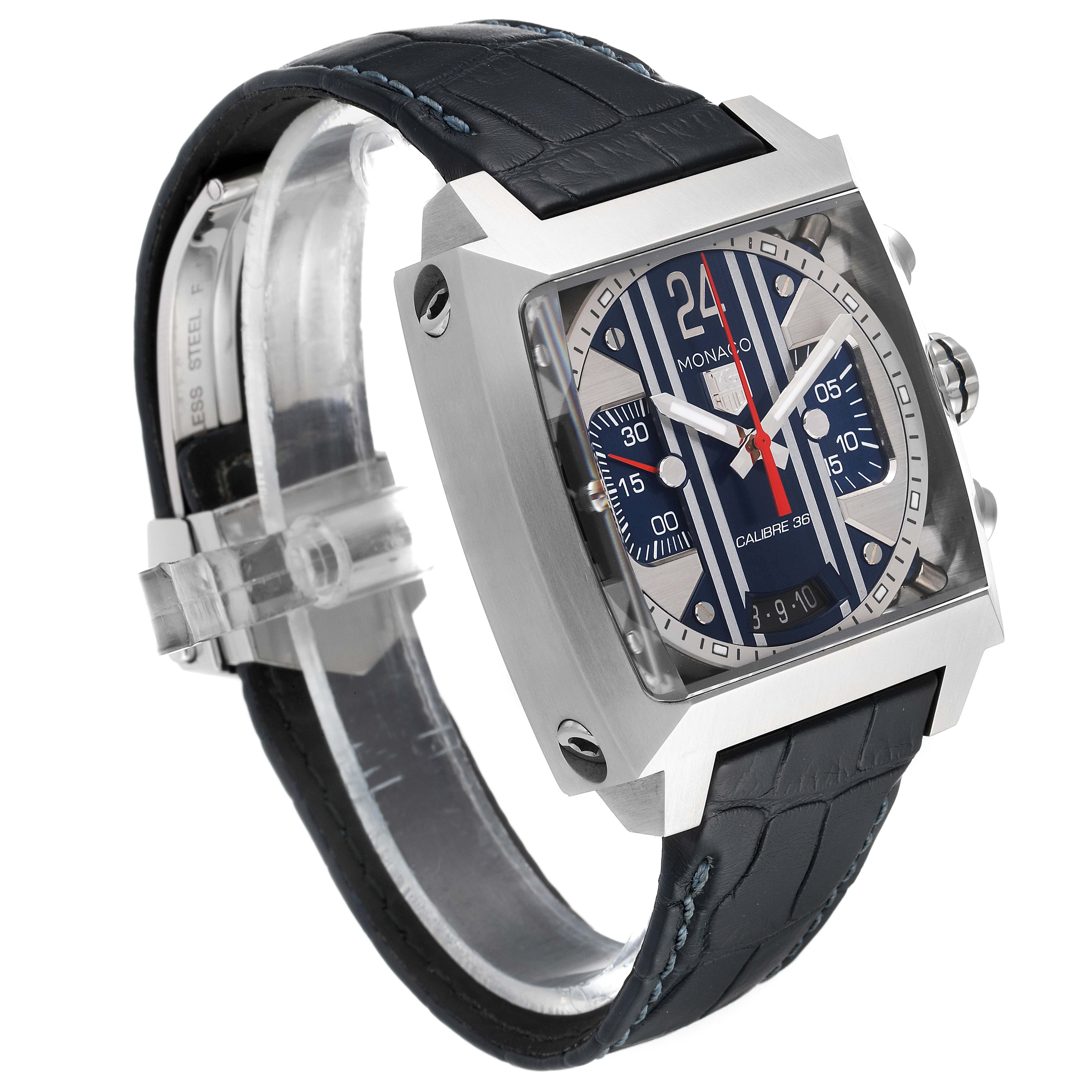 The image shows a Tag Heuer Monaco CAL5111.FC6299 Men
s Stainless Steel Blue Dial CAL5111.FC6299 Men
s Stainless Steel Blue Dial watch from an oblique front angle, highlighting the square face, dial, and leather strap.