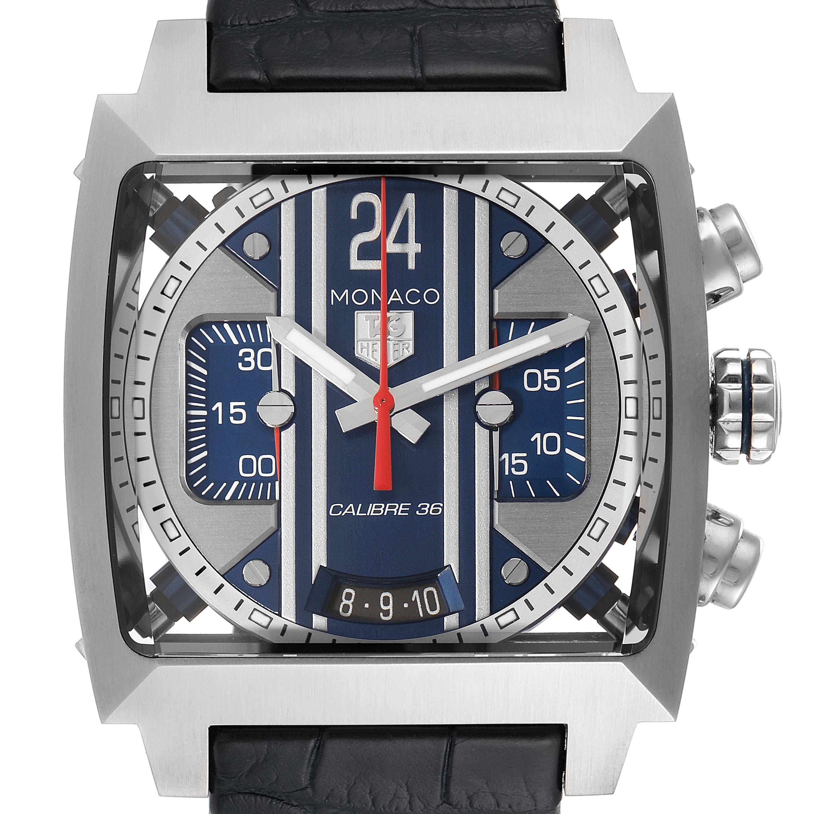 The image shows a front view of the Tag Heuer Monaco CAL5111.FC6299 Men
s Stainless Steel Blue Dial CAL5111.FC6299 Men
s Stainless Steel Blue Dial watch featuring its dial, hands, and chronograph pushers.
