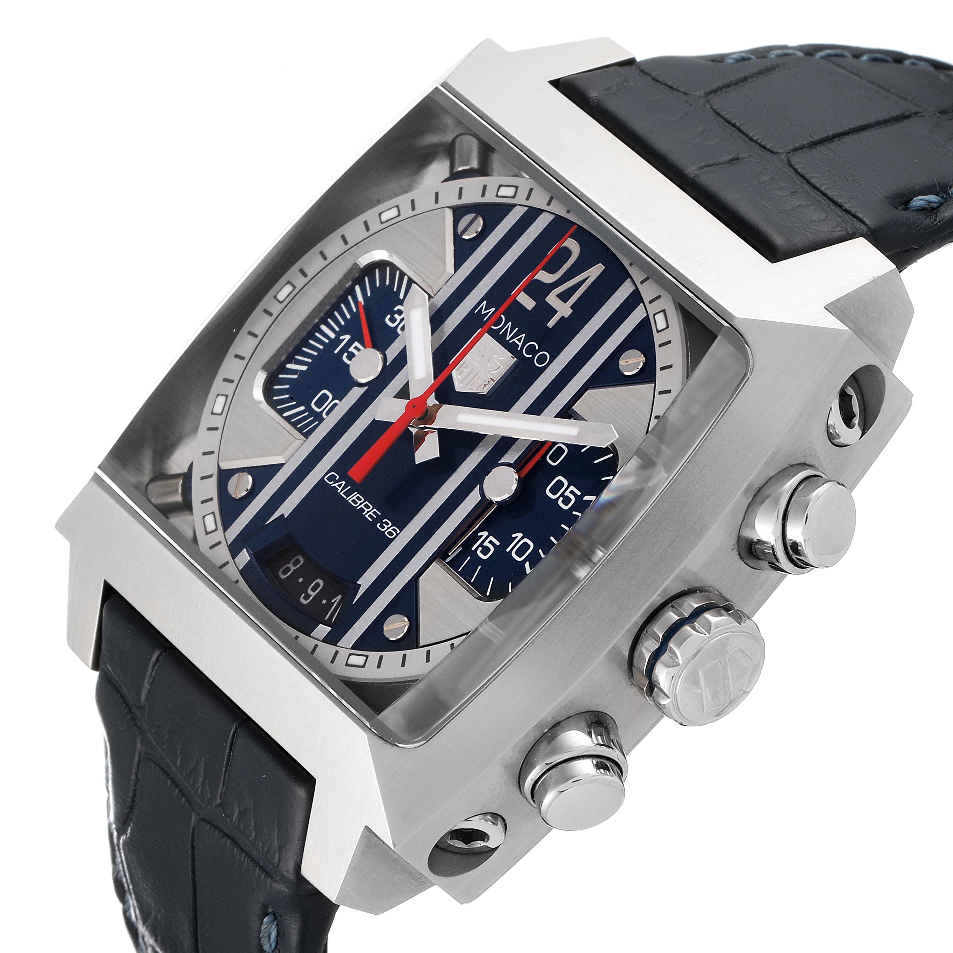 The image shows the Tag Heuer Monaco CAL5111.FC6299 Men
s Stainless Steel Blue Dial CAL5111.FC6299 Men
s Stainless Steel Blue Dial model watch at a side angle, highlighting the face, crown, and chronograph pushers.