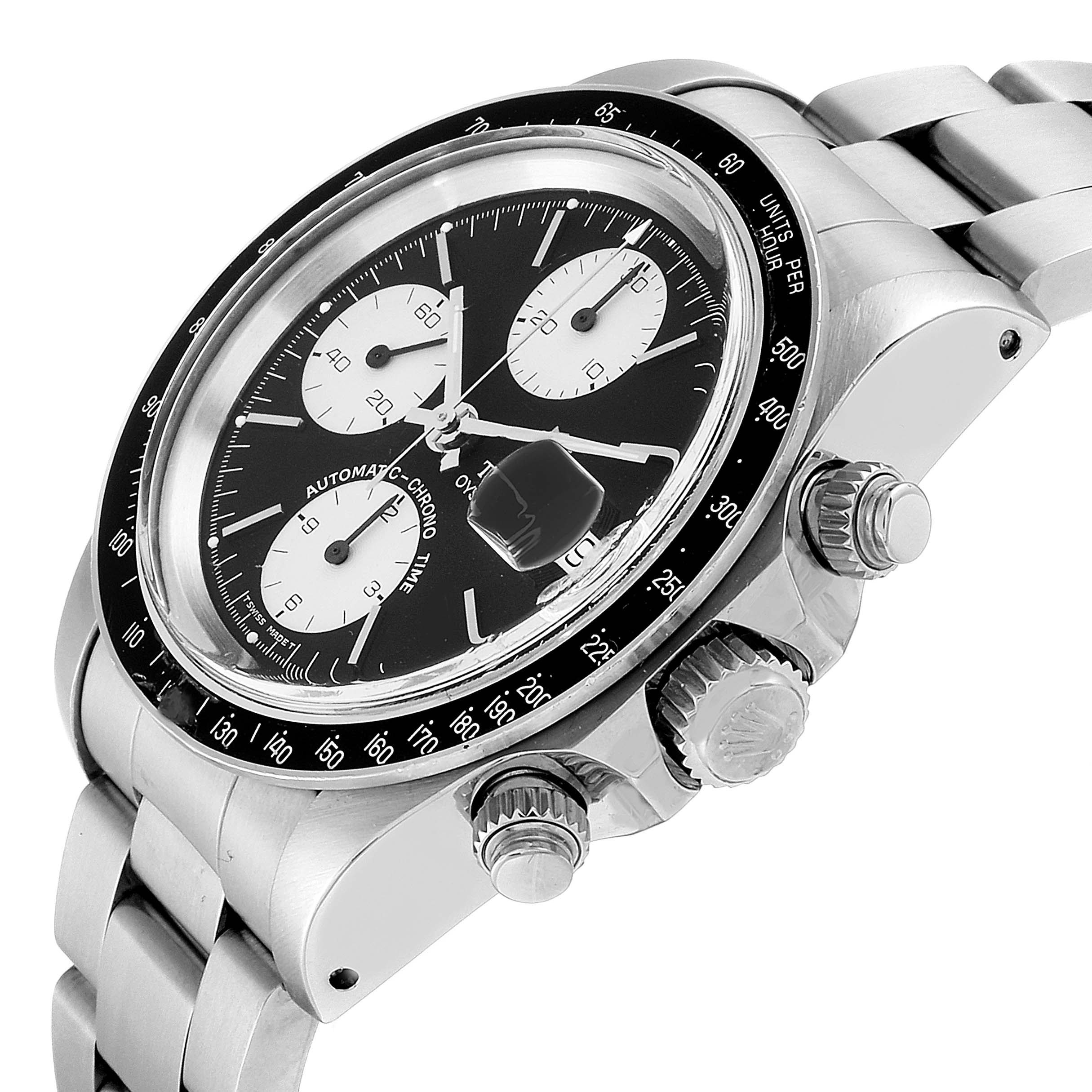 The Tudor Big Block 79160 Men
s Stainless Steel Black Dial 79160 Men
s Stainless Steel Black Dial model watch is shown from an angled side view, highlighting the bezel, dial, pushers, and crown.