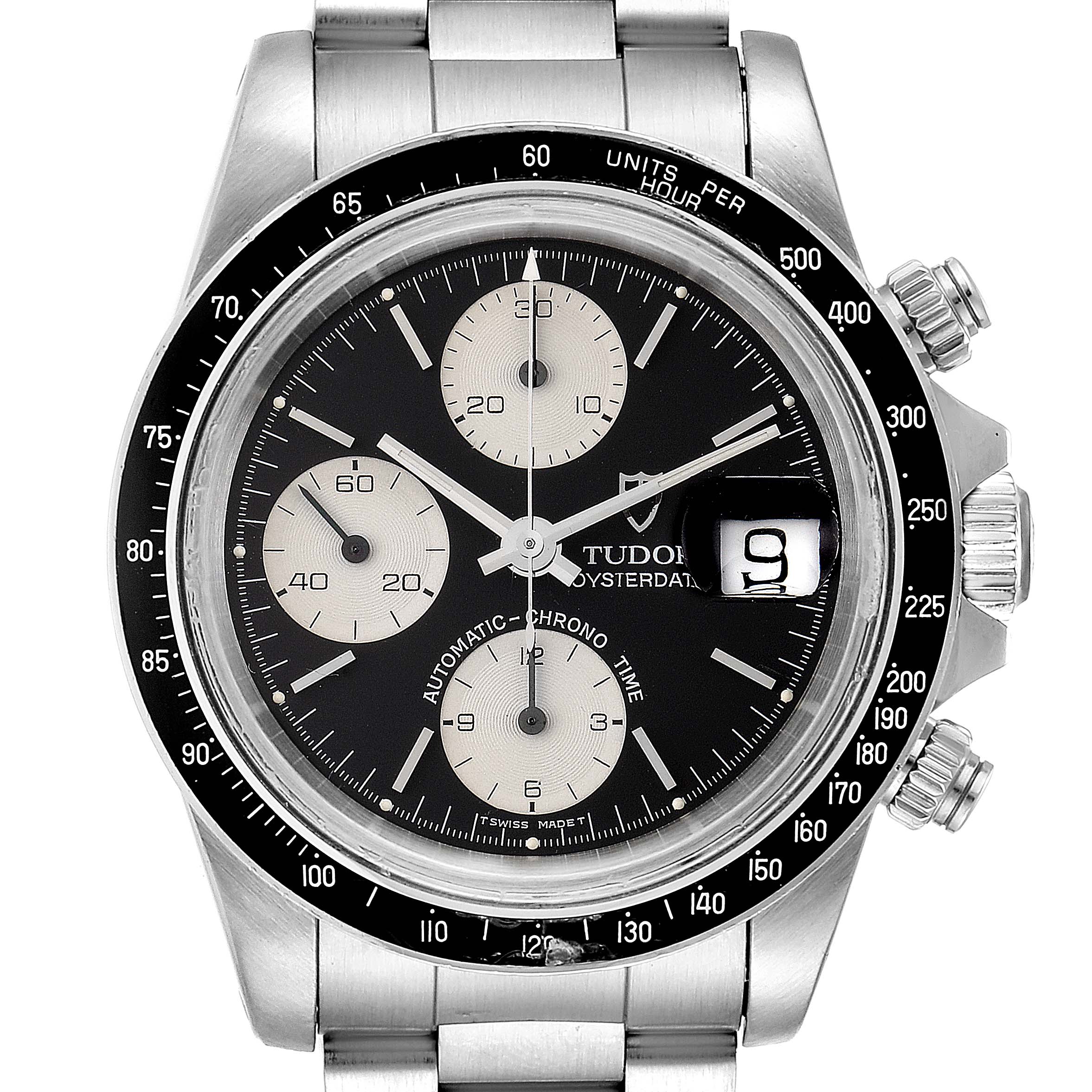 The image shows a frontal view of the Tudor Big Block 79160 Men
s Stainless Steel Black Dial 79160 Men
s Stainless Steel Black Dial model watch, highlighting its dial, bezel, and bracelet.
