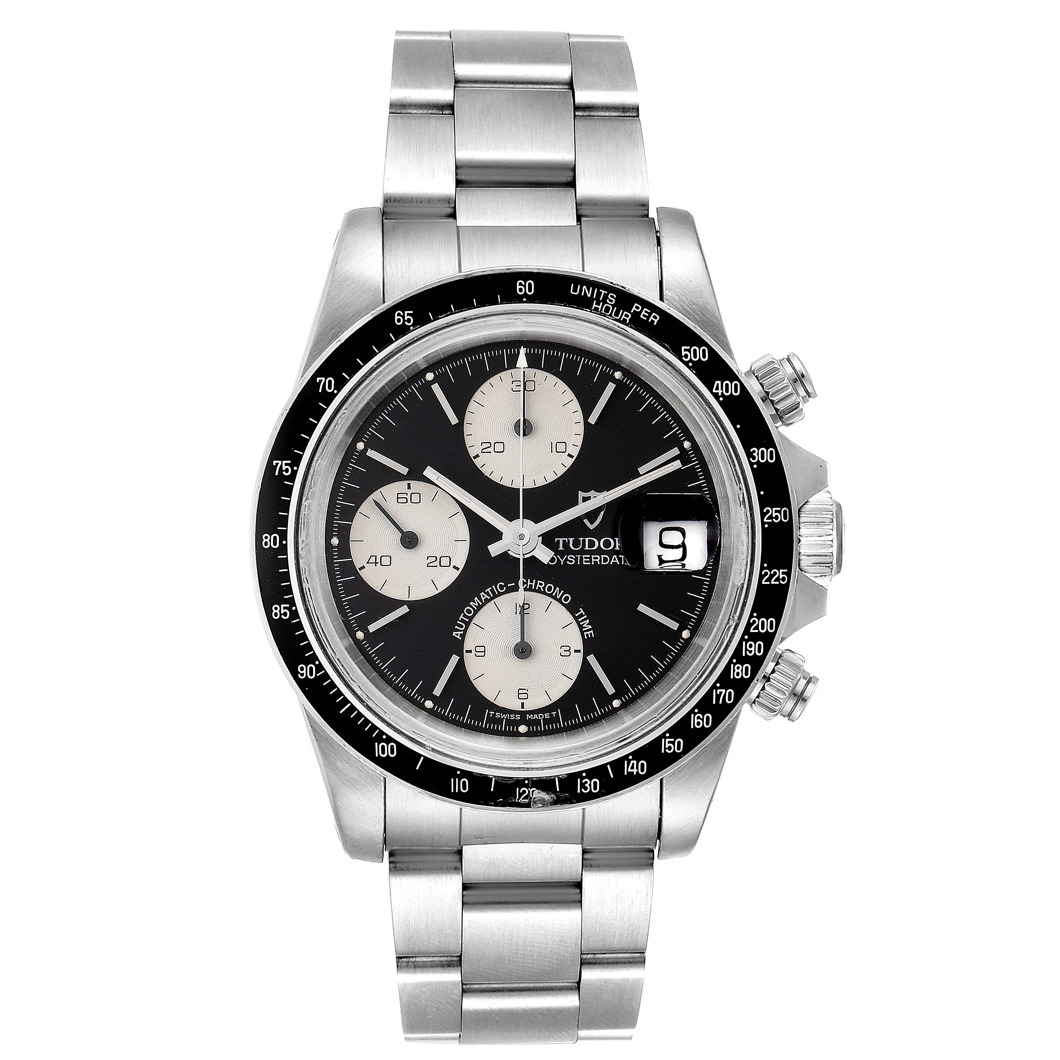 This image shows a front view of the Tudor Big Block 79160 Men
s Stainless Steel Black Dial 79160 Men
s Stainless Steel Black Dial watch, highlighting the dial, sub-dials, bezel, and bracelet.