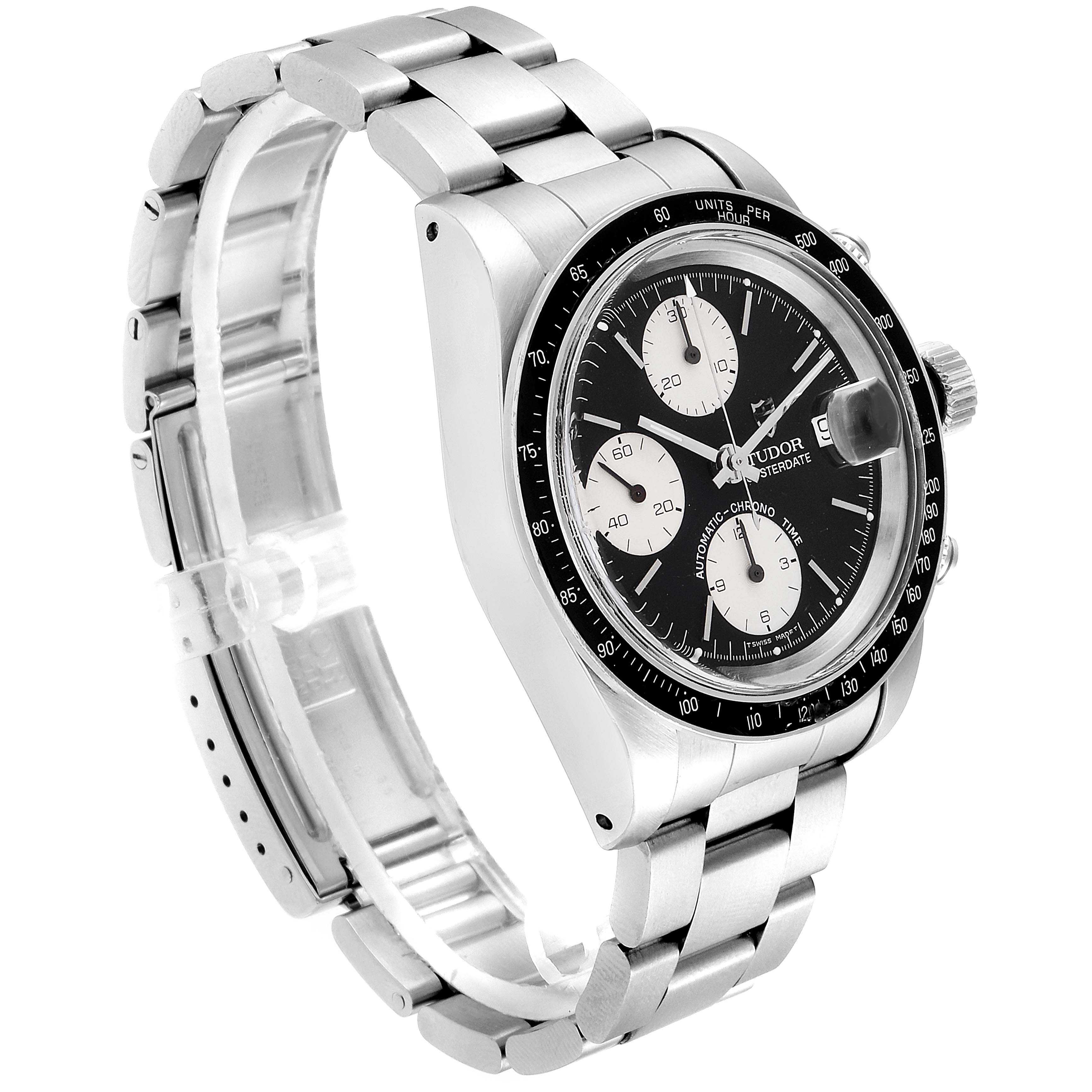 The image shows a side angled view of a Tudor Big Block 79160 Men
s Stainless Steel Black Dial 79160 Men
s Stainless Steel Black Dial watch, highlighting its dial, bezel, crown, and bracelet.