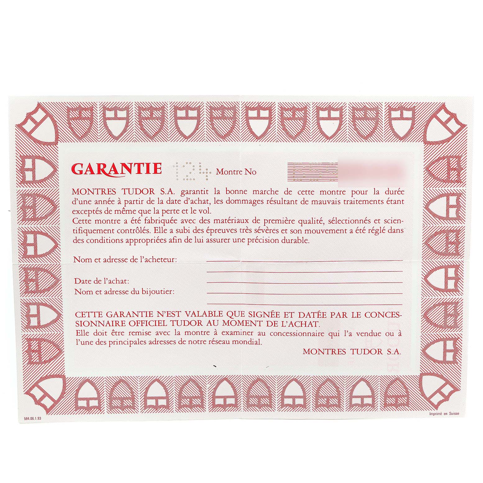 The image shows a warranty certificate for the Tudor Big Block 79160 Men
s Stainless Steel Black Dial 79160 Men
s Stainless Steel Black Dial model watch. 