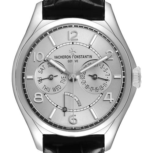The Vacheron Constantin Fiftysix 4400E/000A-B437 Men's Stainless Steel Silver Dial watch is shown from a front angle, displaying its dial, hands, crown, and subdials.