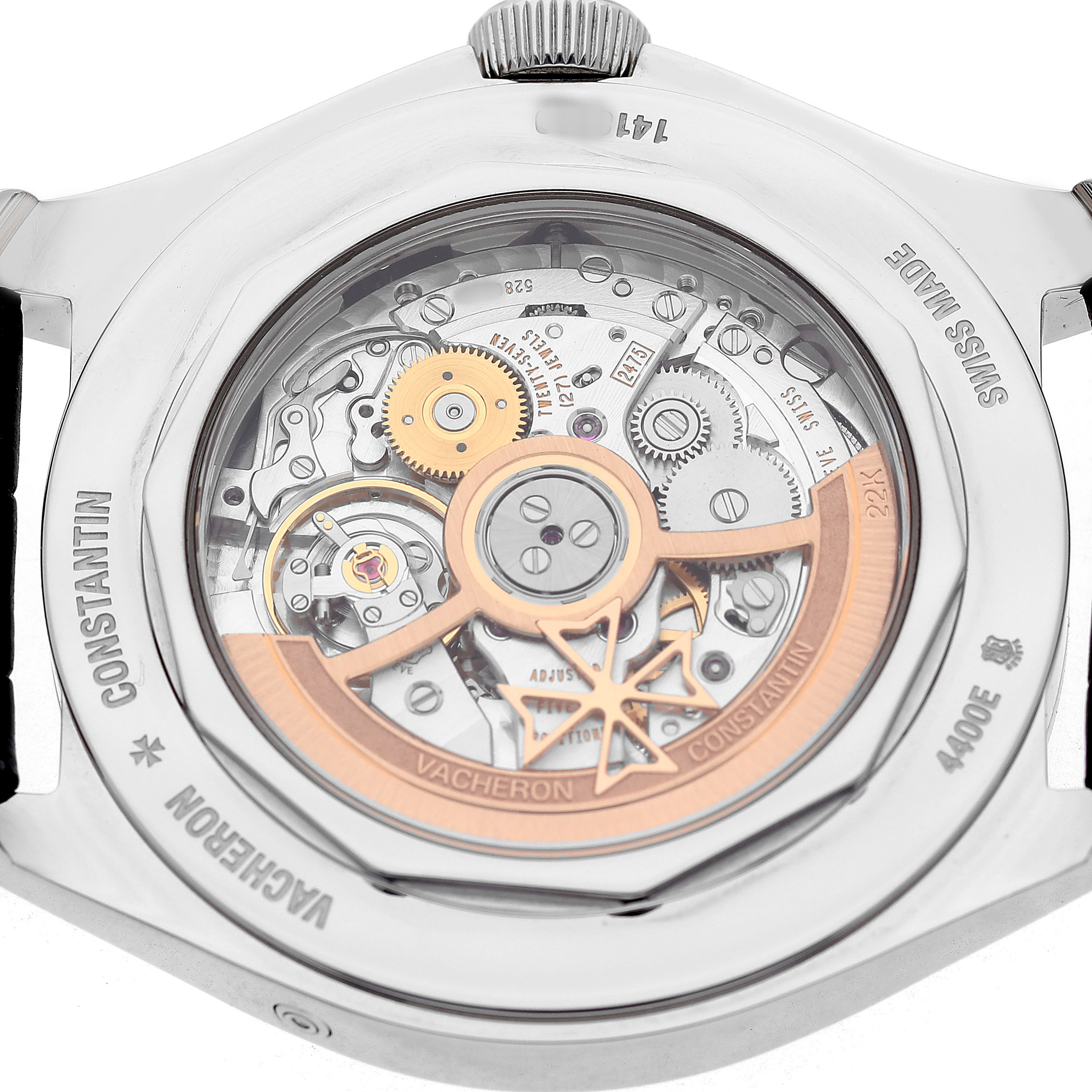The image shows the back of a Vacheron Constantin Fiftysix 4400E/000A-B437 Men's Stainless Steel Silver Dial watch, highlighting its internal movement and rotor.