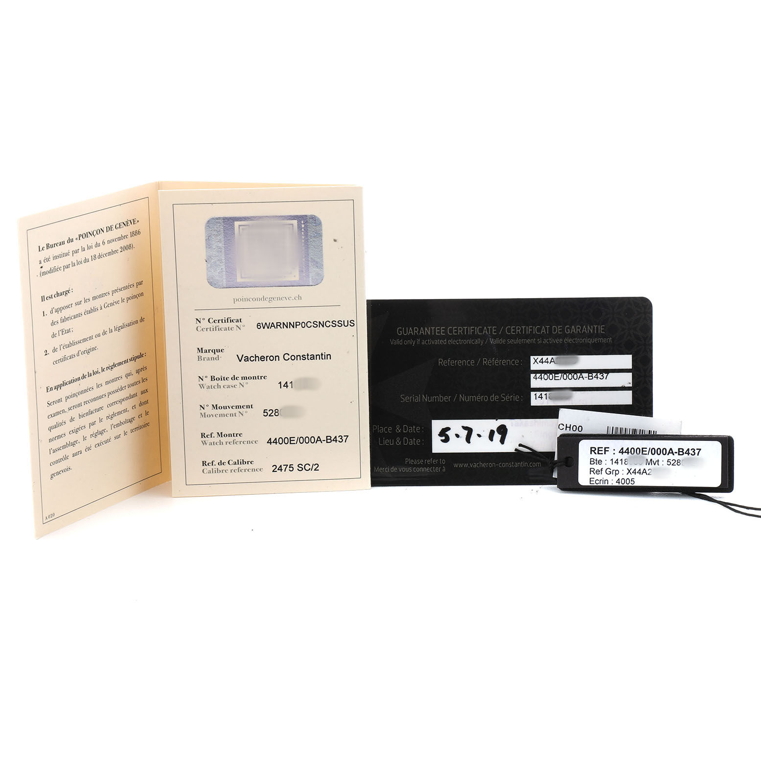 The image shows a warranty card, certificate, and tag for the Vacheron Constantin Fiftysix 4400E/000A-B437 Men's Stainless Steel Silver Dial watch, viewed from above.
