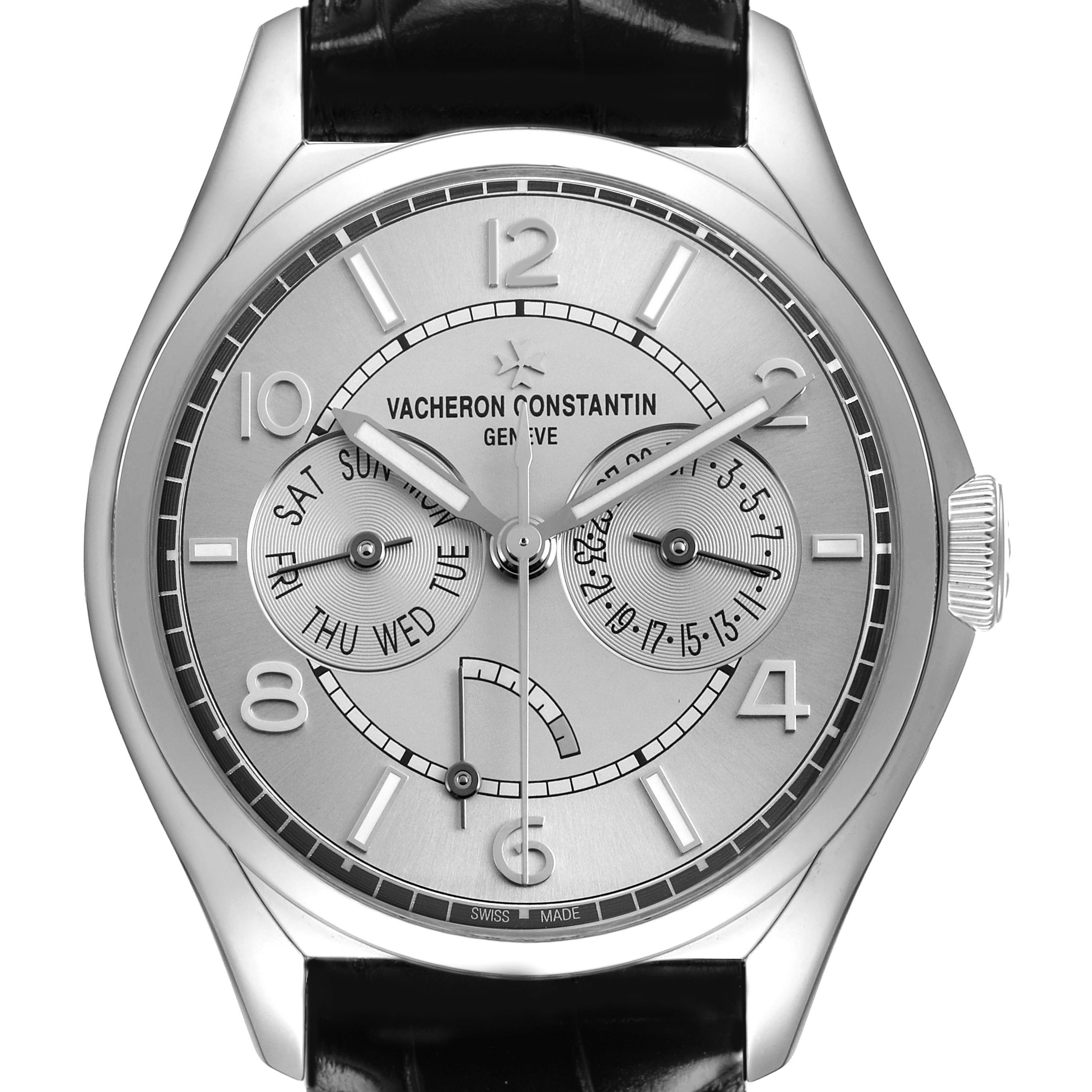 The Vacheron Constantin Fiftysix 4400E/000A-B437 Men's Stainless Steel Silver Dial watch is shown from the front, displaying its dial, hands, sub-dials, and crown.