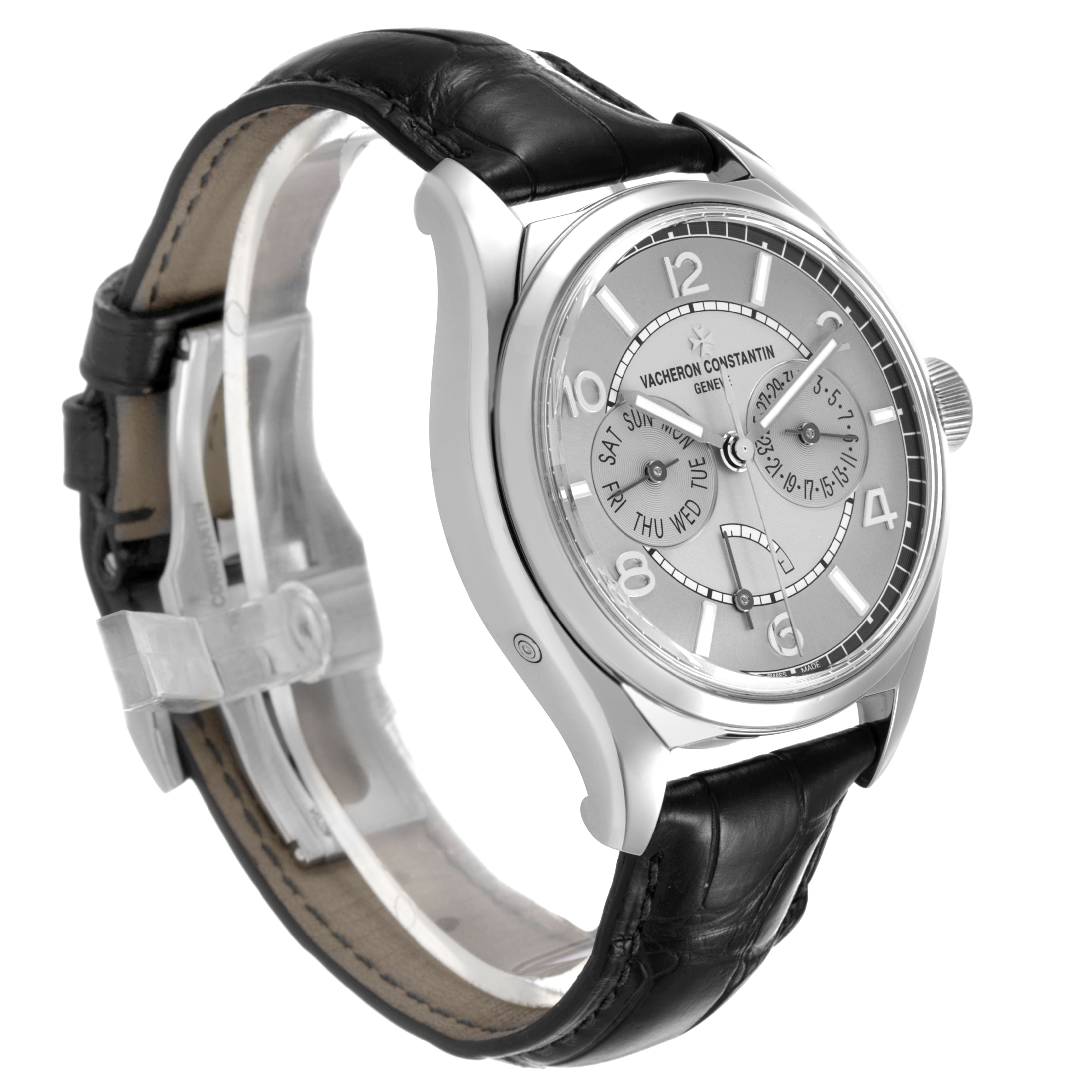 The Vacheron Constantin Fiftysix 4400E/000A-B437 Men's Stainless Steel Silver Dial watch is shown at a three-quarter angle, displaying the face, dial details, case, and leather strap.