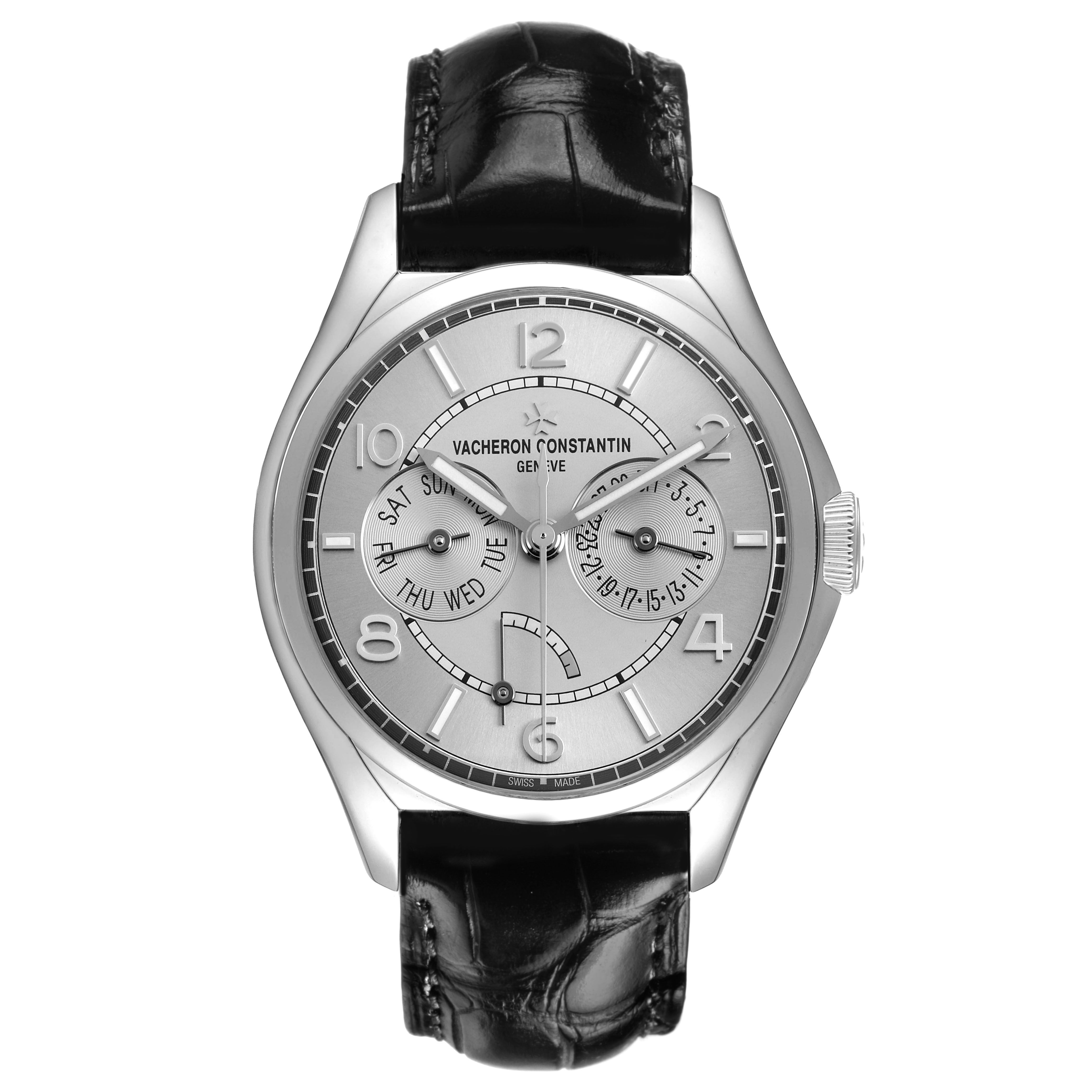 The Vacheron Constantin Fiftysix 4400E/000A-B437 Men's Stainless Steel Silver Dial watch is shown from a top view, displaying its face, day, date, and power reserve indicators.