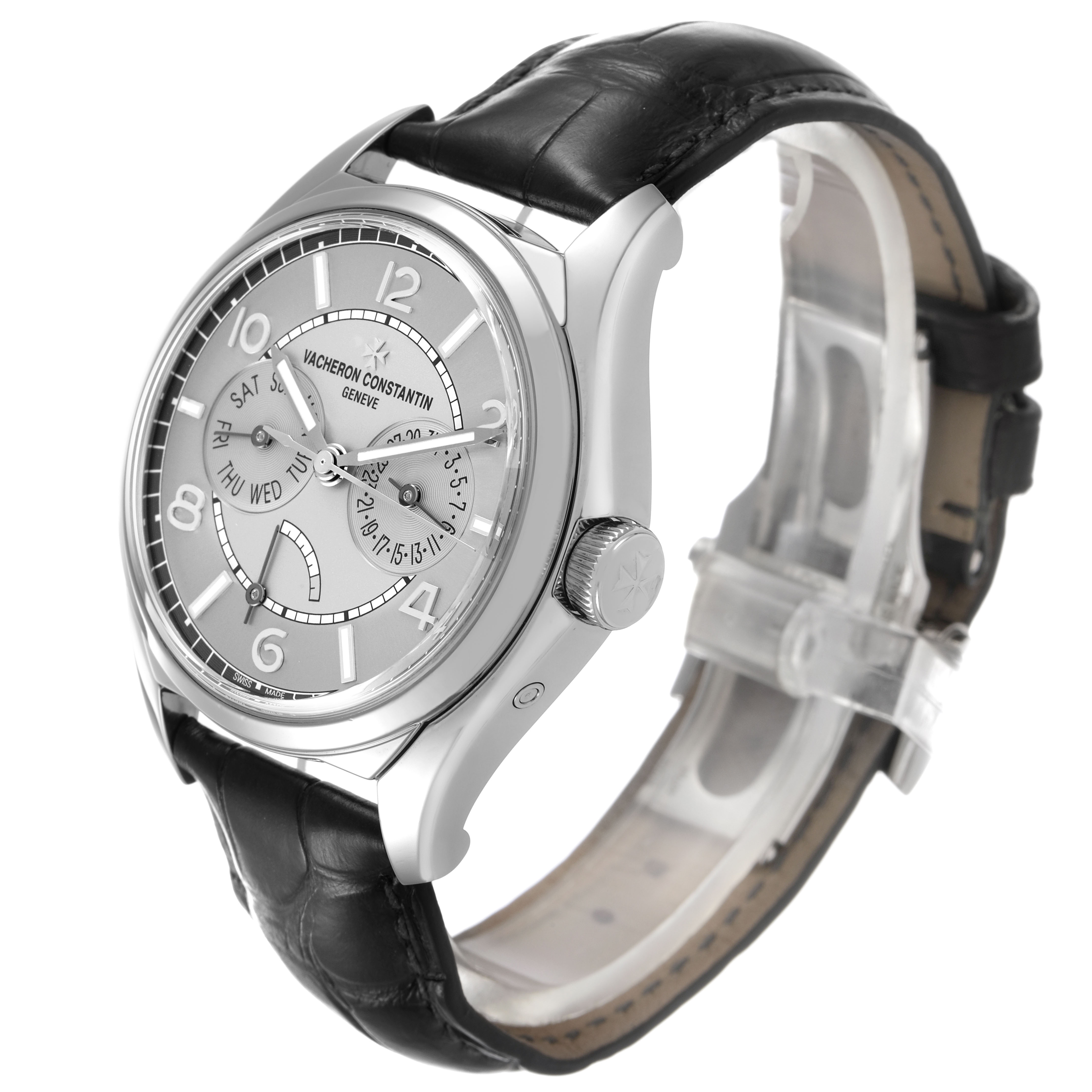 The Vacheron Constantin Fiftysix 4400E/000A-B437 Men's Stainless Steel Silver Dial watch is shown at a three-quarter angle, highlighting the dial and leather strap.