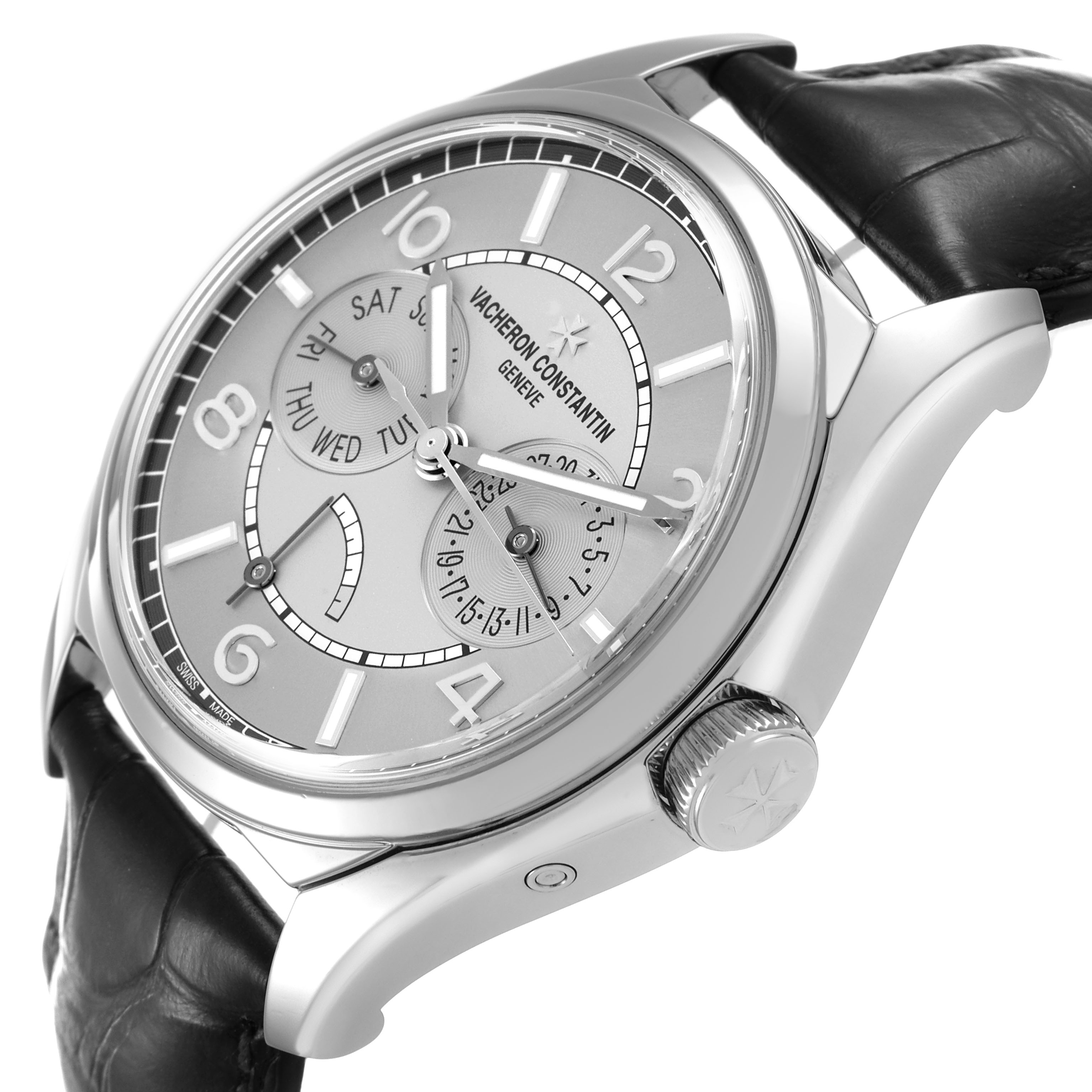 The Vacheron Constantin Fiftysix 4400E/000A-B437 Men's Stainless Steel Silver Dial watch is shown at an oblique angle, highlighting the dial, crown, and part of the leather strap.