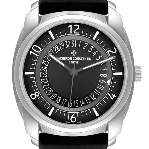 The Vacheron Constantin Quai de L'Ile is shown from a front angle, displaying the dial and case details.