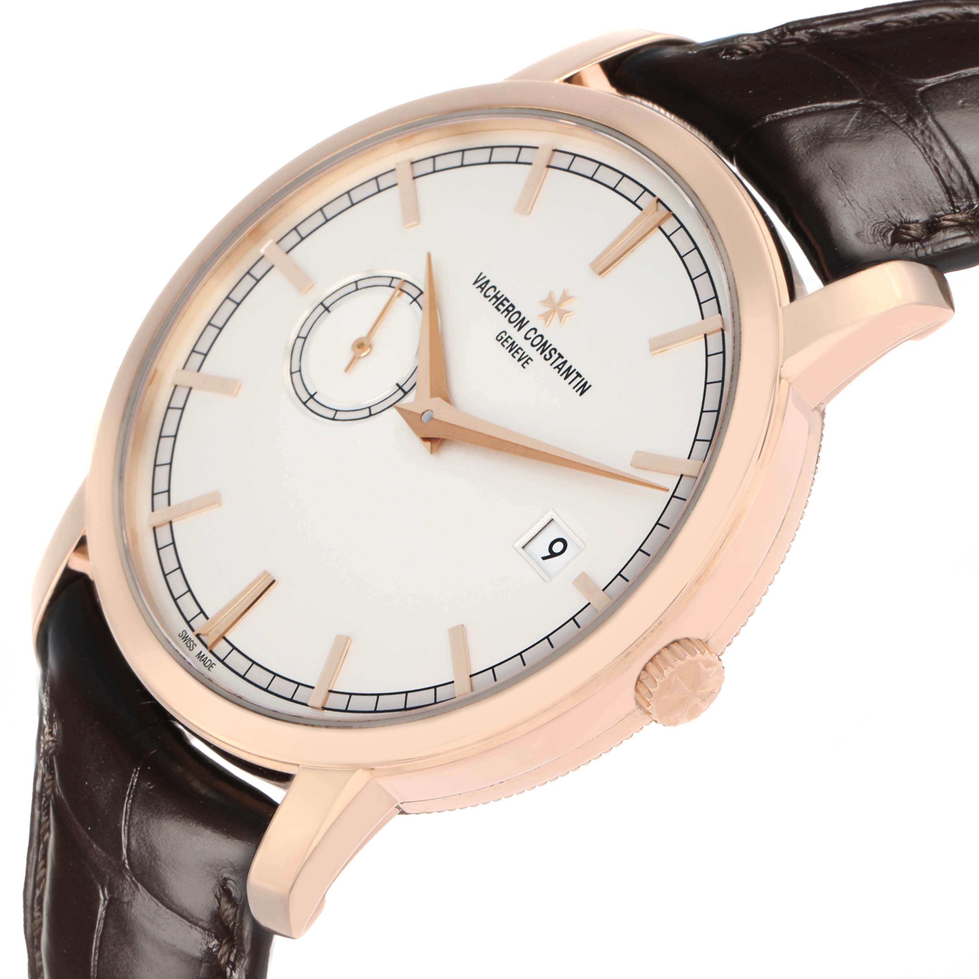 The Vacheron Constantin Traditionnelle 87172 Men
s Rose Gold Silver Dial watch is shown at an angled close-up, highlighting its dial, hands, crown, and leather strap.