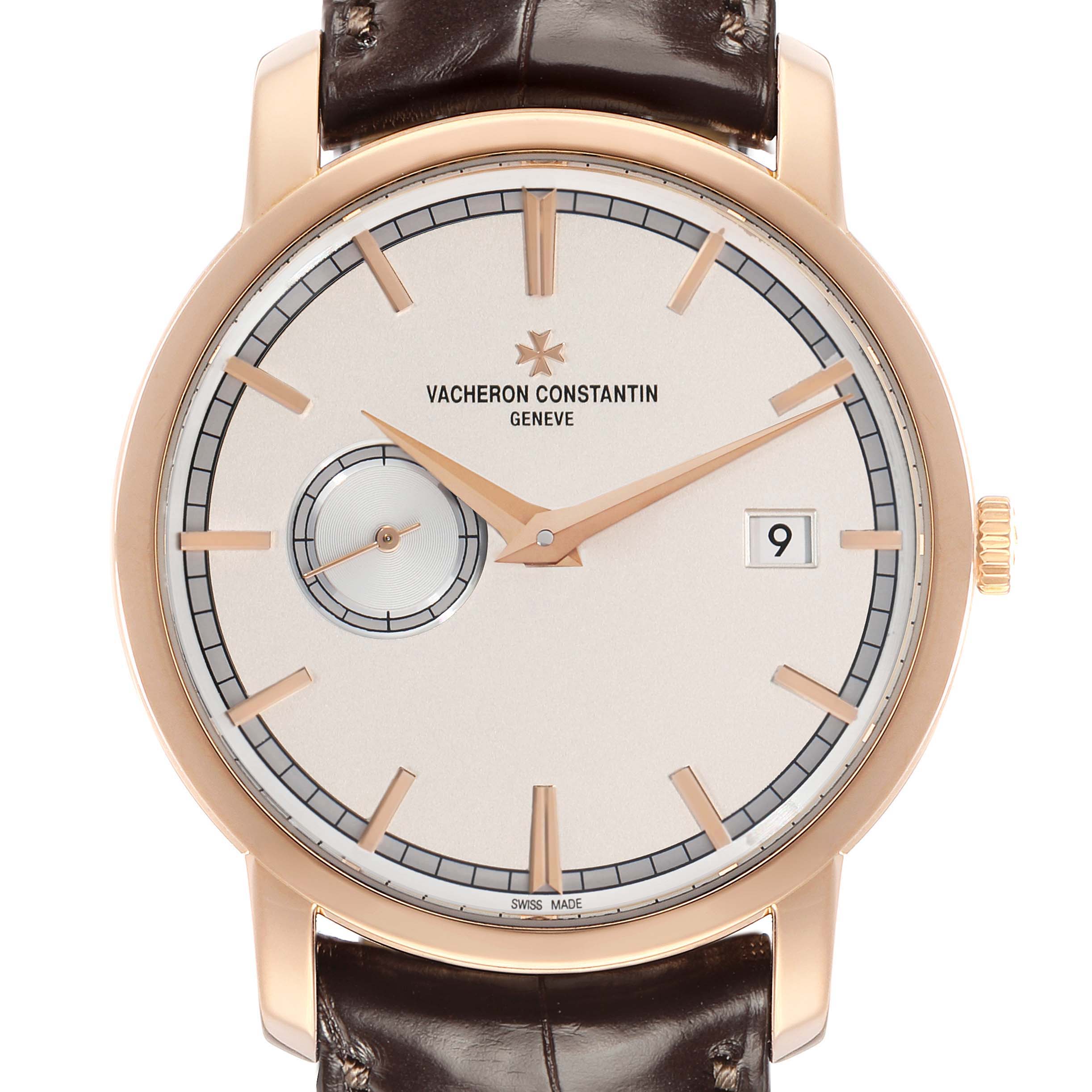 The Vacheron Constantin Traditionnelle 87172 Men
s Rose Gold Silver Dial watch is shown from the front, displaying its dial, hands, date window, and leather strap.