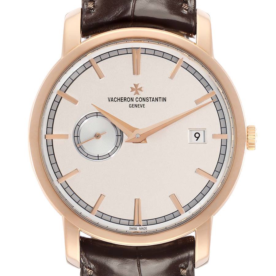 The Vacheron Constantin Traditionnelle 87172 Men's Rose Gold Silver Dial watch is shown from the front, displaying its dial, hands, date window, and leather strap.
