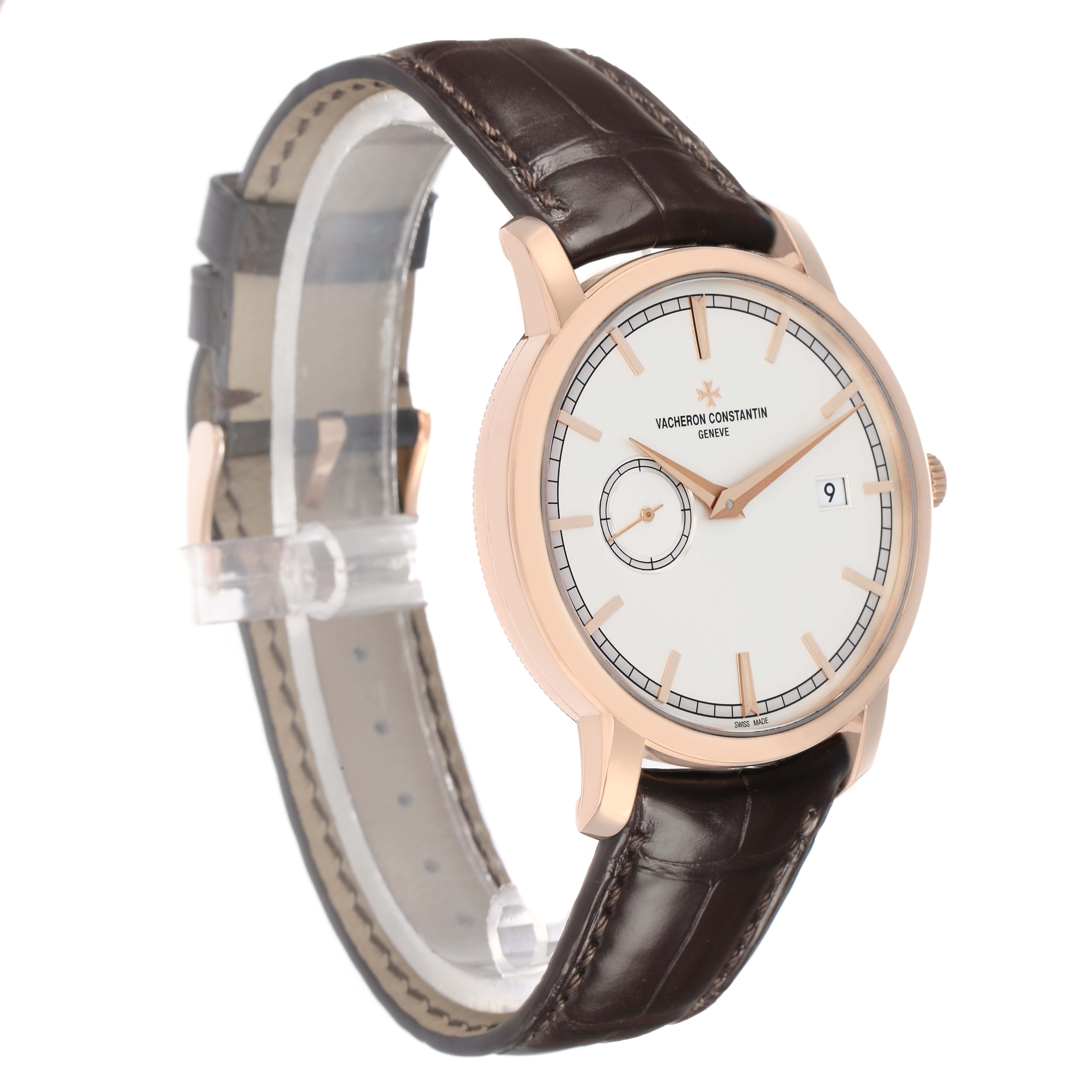 The Vacheron Constantin Traditionnelle 87172 Men
s Rose Gold Silver Dial watch is shown at a three-quarter angle, displaying the face, strap, and side profile.