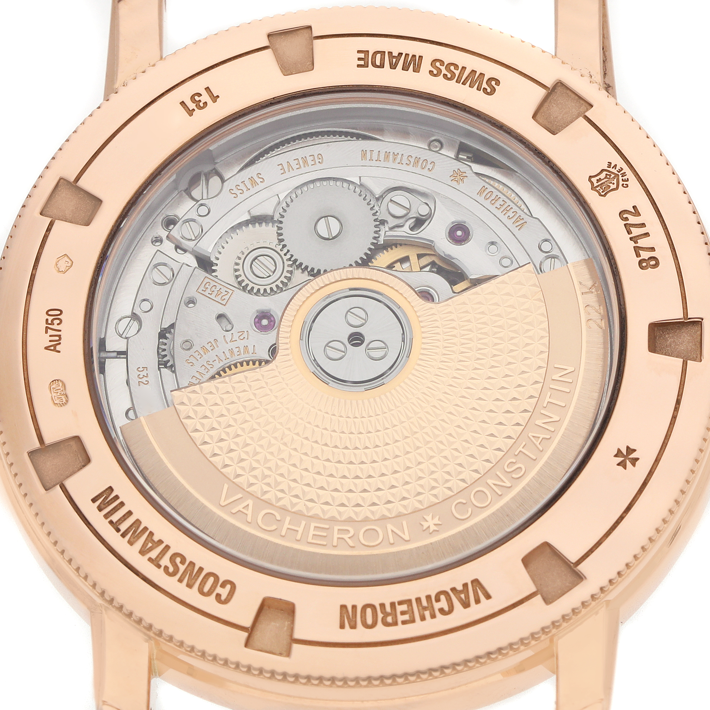 The image shows the back view of the Vacheron Constantin Traditionnelle 87172 Men
s Rose Gold Silver Dial watch, highlighting its intricate movement.