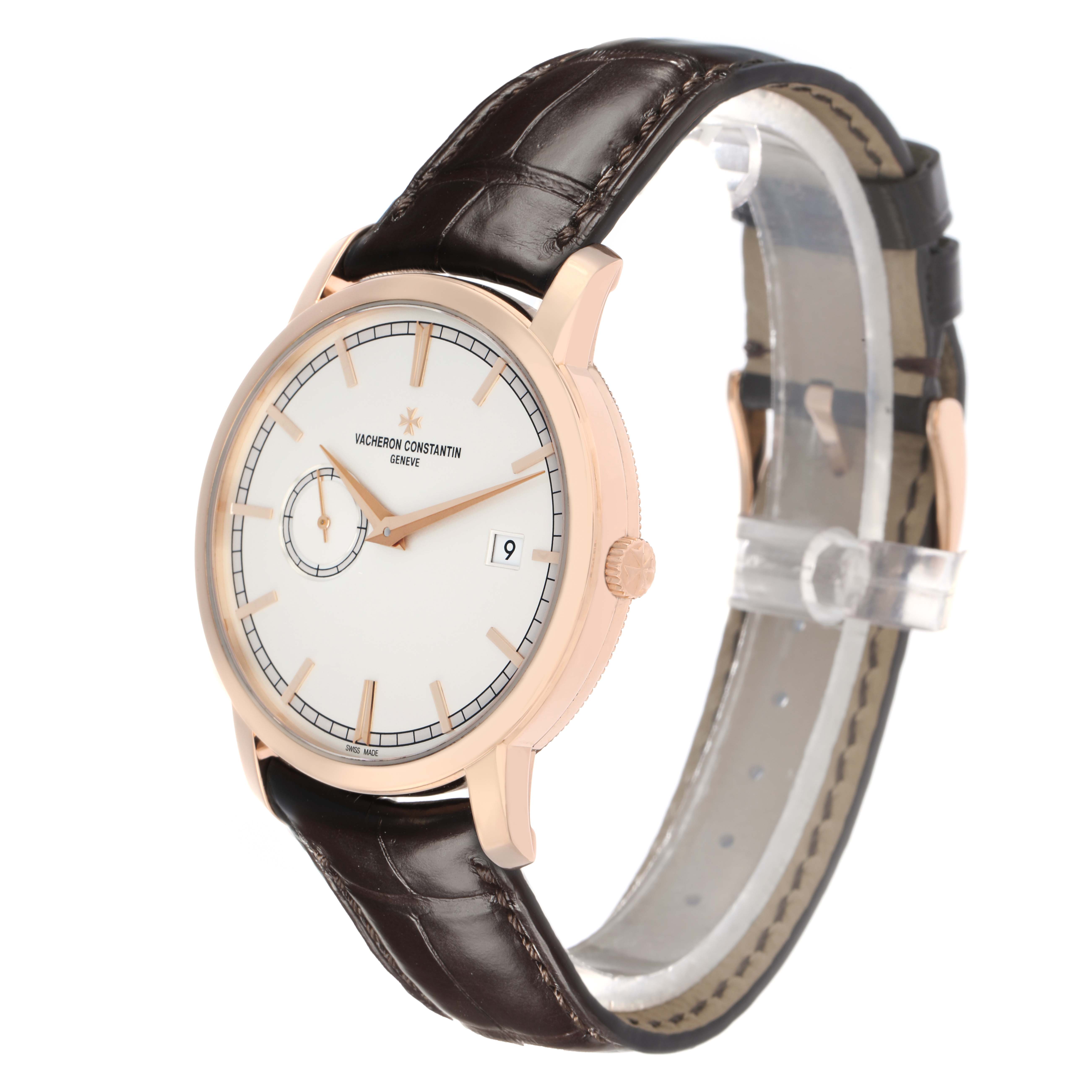 The Vacheron Constantin Traditionnelle 87172 Men
s Rose Gold Silver Dial watch is shown at a three-quarter angle, highlighting the dial, case, crown, and leather strap.