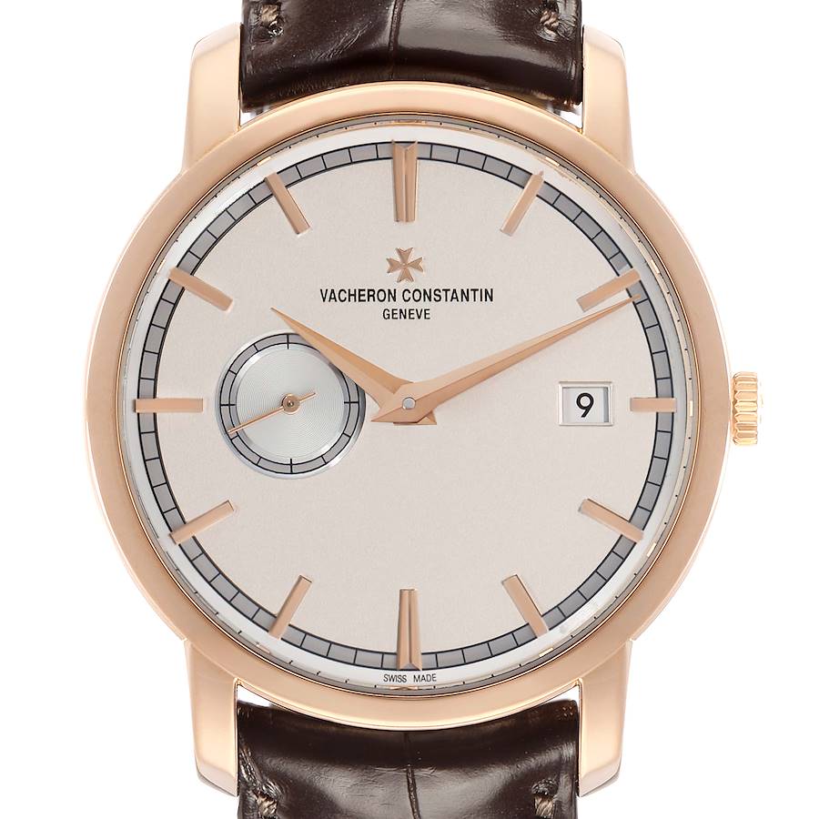 The Vacheron Constantin Traditionnelle 87172 Men's Rose Gold Silver Dial watch is shown from a front angle, displaying the dial, hands, date window, and part of the leather strap.